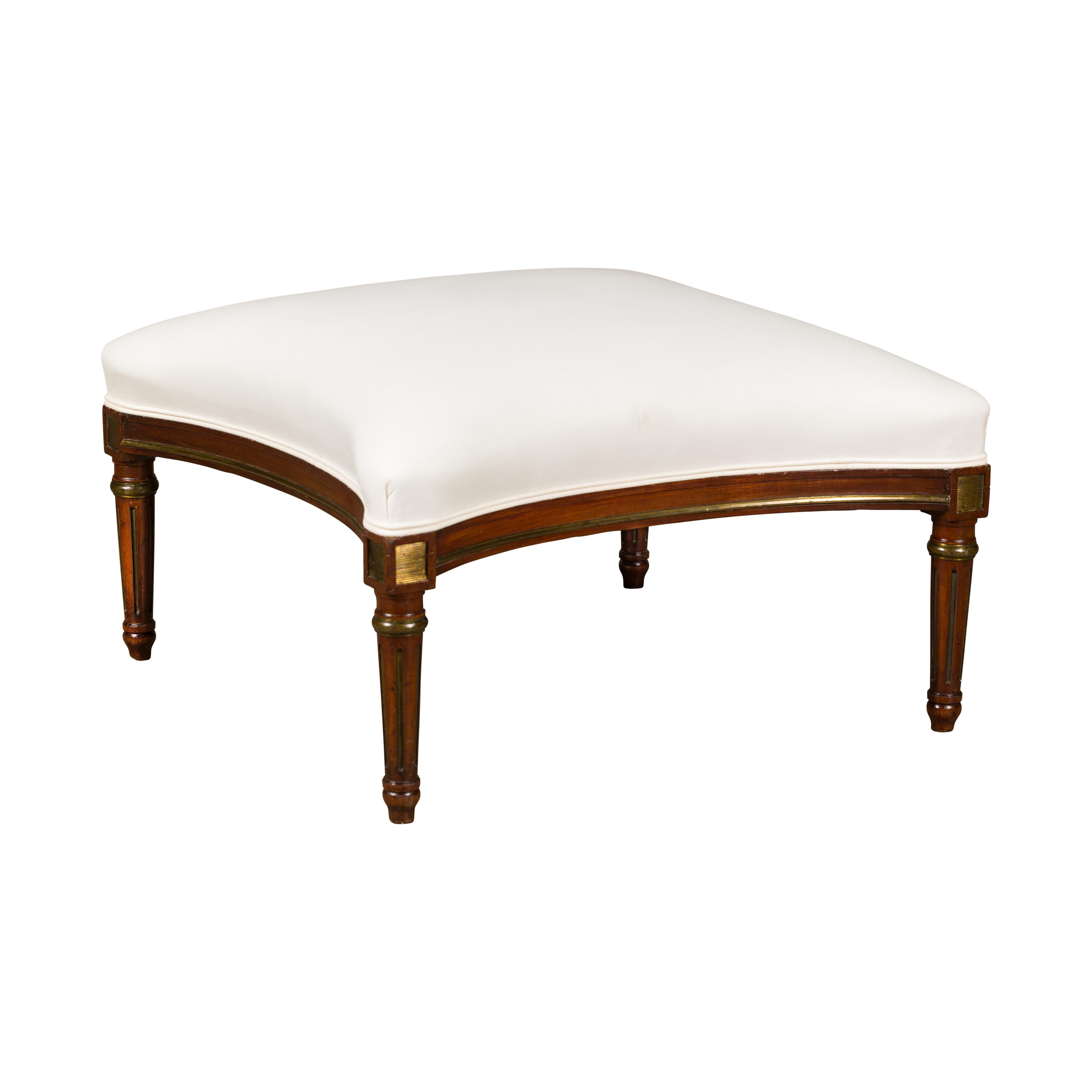 Louis XVI Style French Upholstered Ottoman with Fluted Legs, Gilded Accents For Sale 5