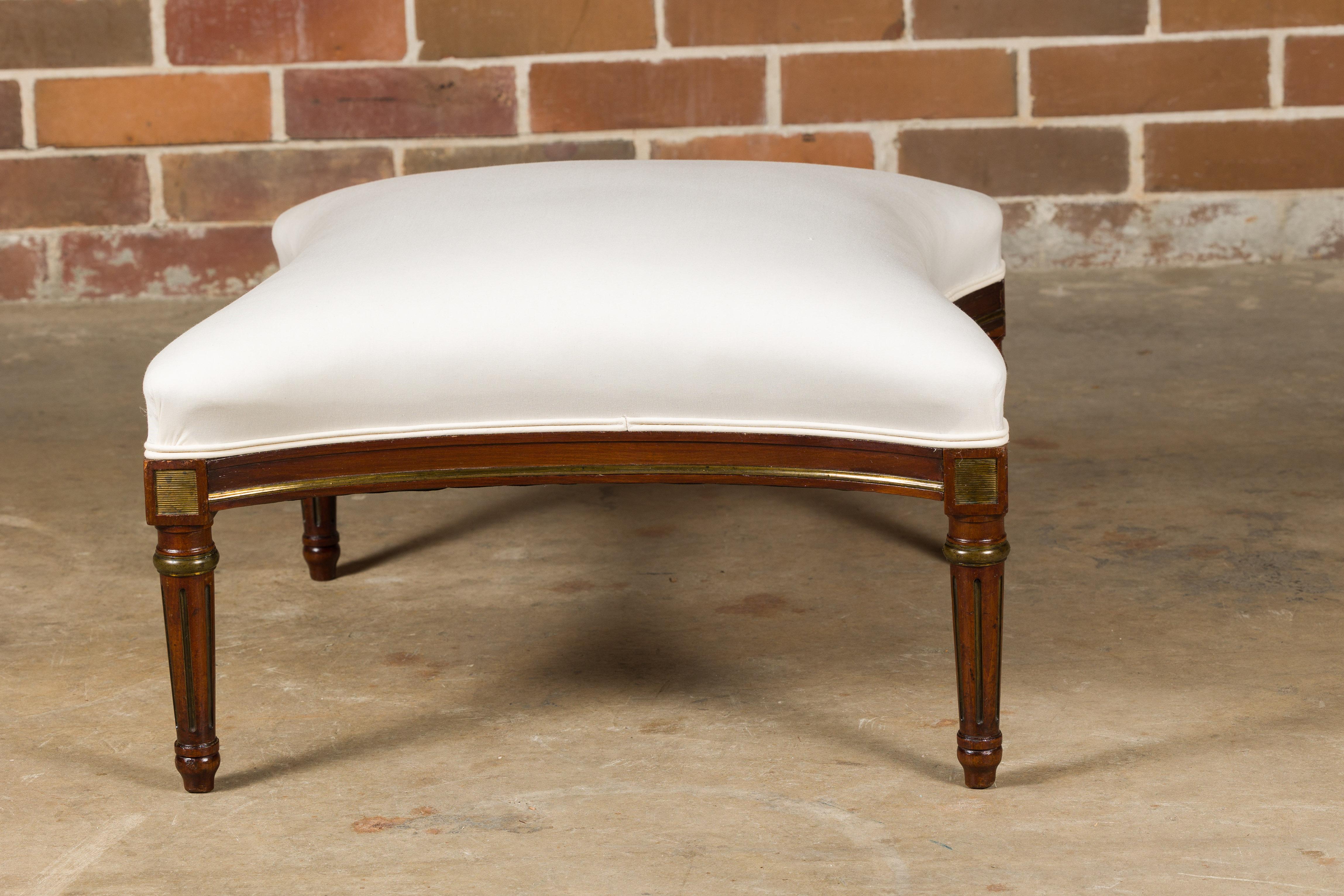 Louis XVI Style French Upholstered Ottoman with Fluted Legs, Gilded Accents In Good Condition For Sale In Atlanta, GA