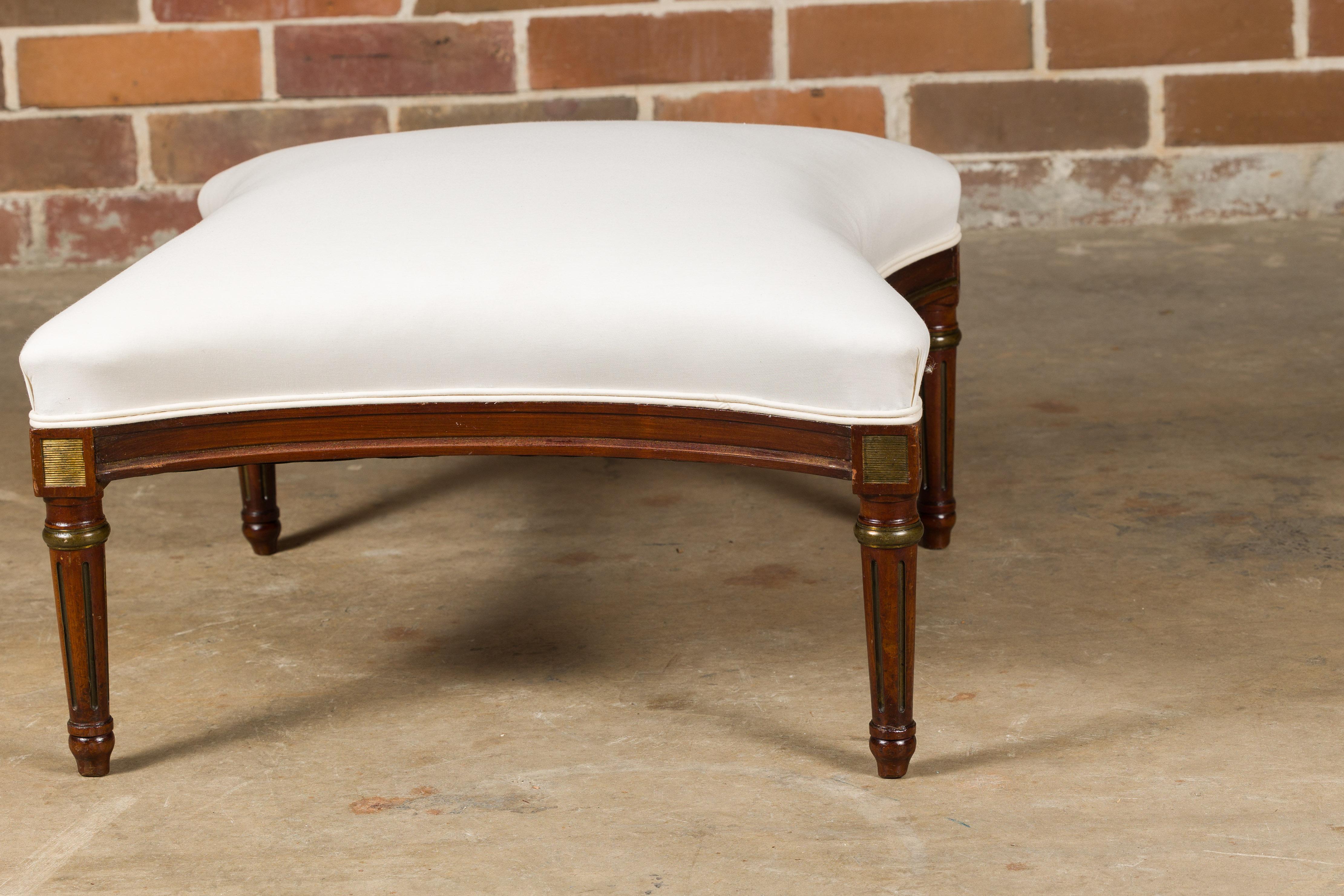 20th Century Louis XVI Style French Upholstered Ottoman with Fluted Legs, Gilded Accents For Sale