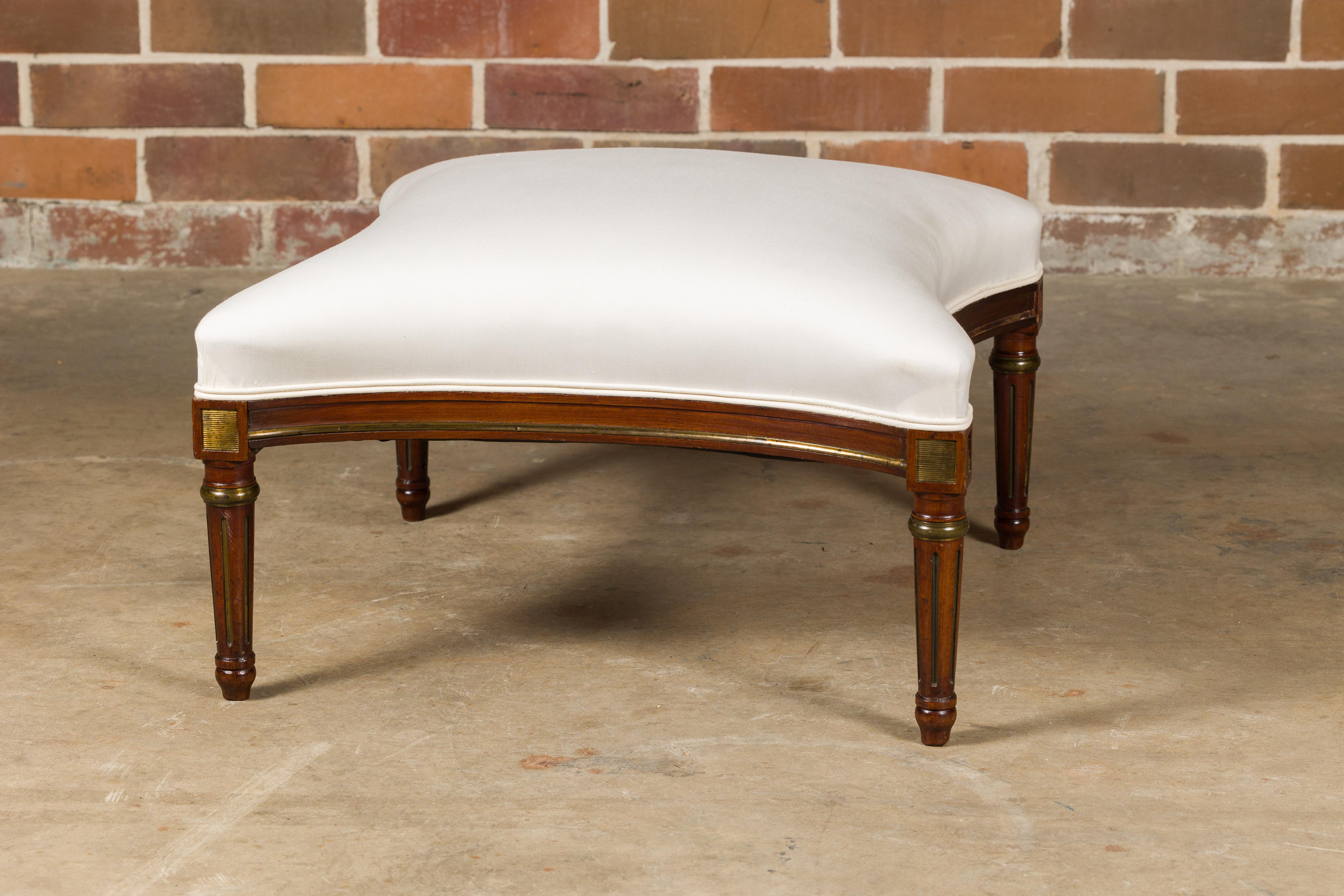 Wood Louis XVI Style French Upholstered Ottoman with Fluted Legs, Gilded Accents For Sale