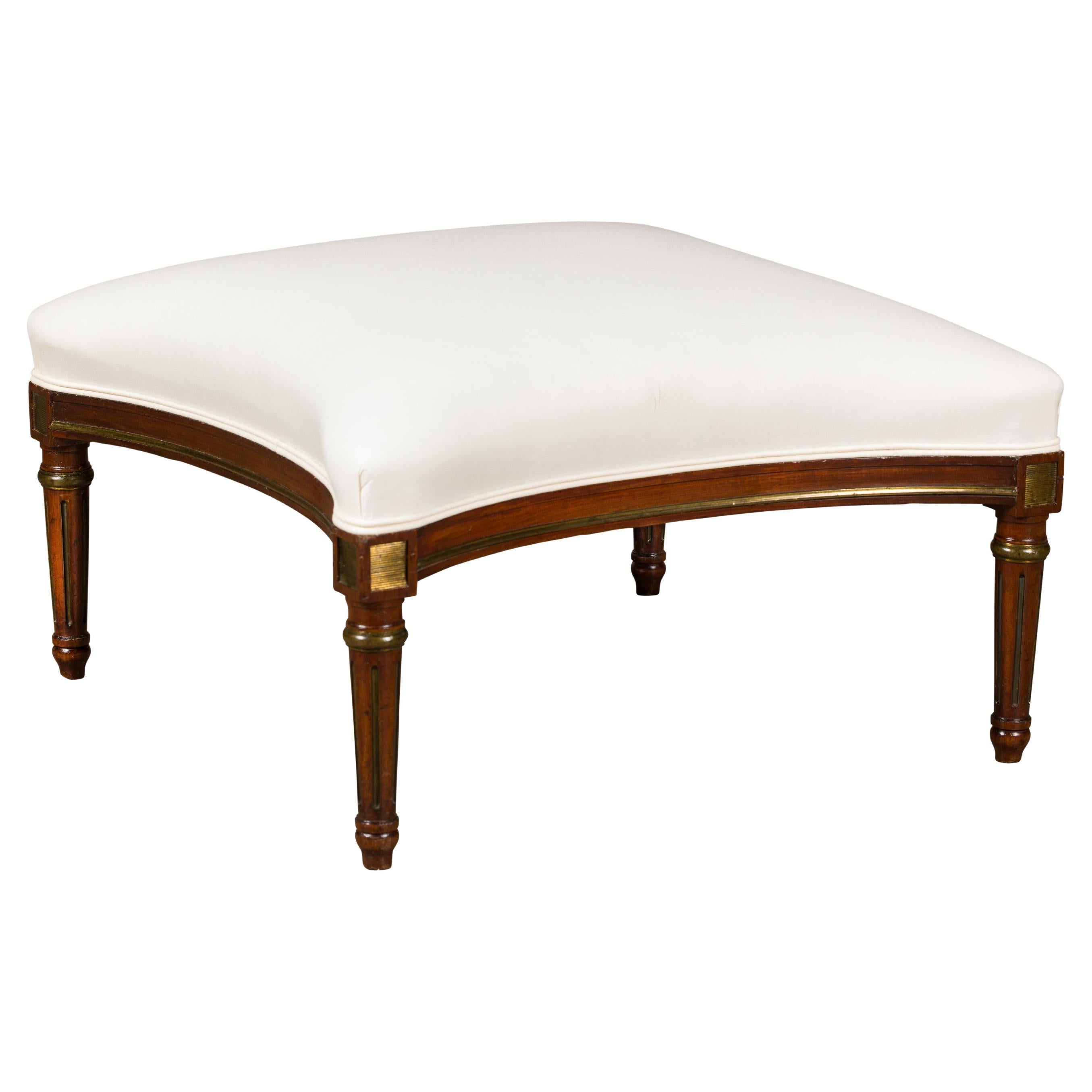 Louis XVI Style French Upholstered Ottoman with Fluted Legs, Gilded Accents For Sale