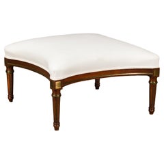 Antique Louis XVI Style French Upholstered Ottoman with Fluted Legs, Gilded Accents