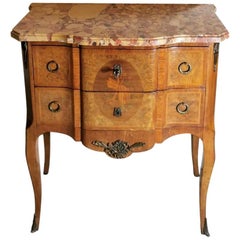 Used Louis XVI Style French Walnut Briarwood Chest of Drawers with Marble Top