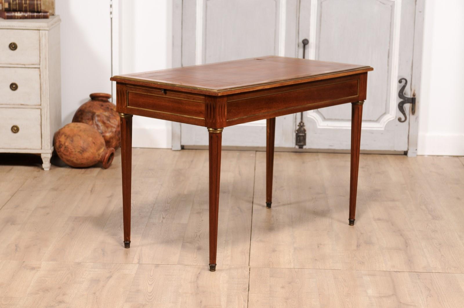 Louis XVI Style French Walnut Desk with Leather Top and Carved Fluted Legs 5