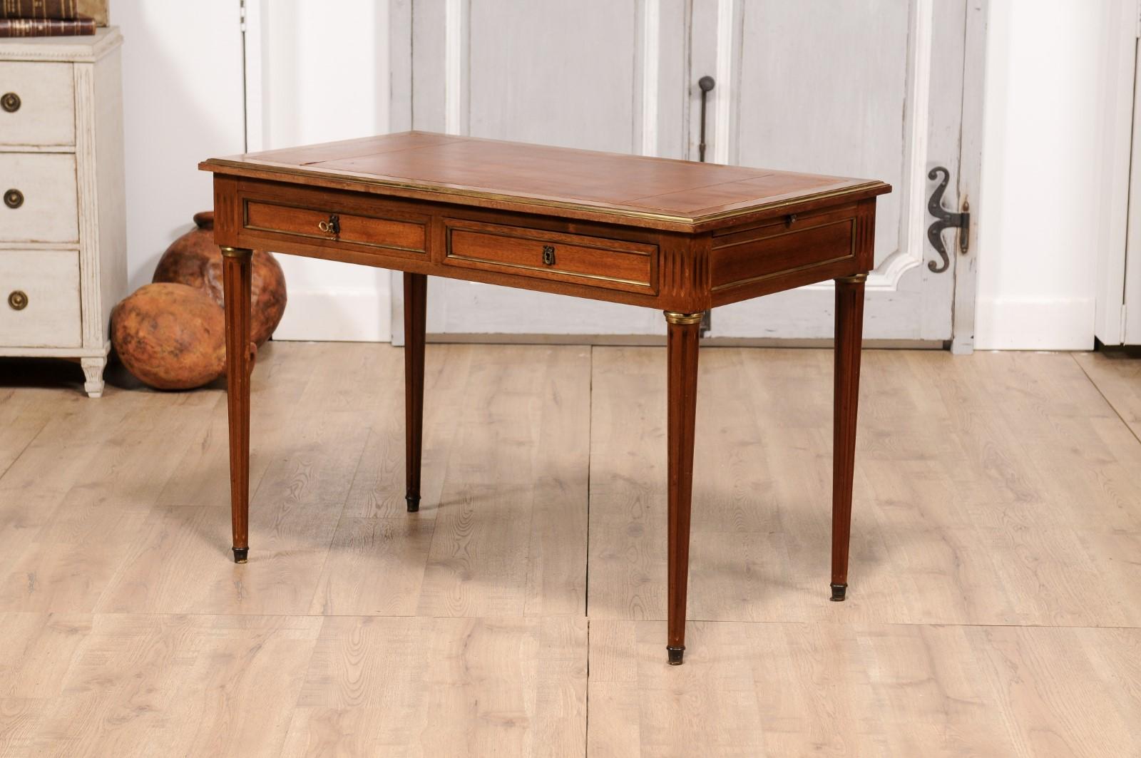 Louis XVI Style French Walnut Desk with Leather Top and Carved Fluted Legs 7