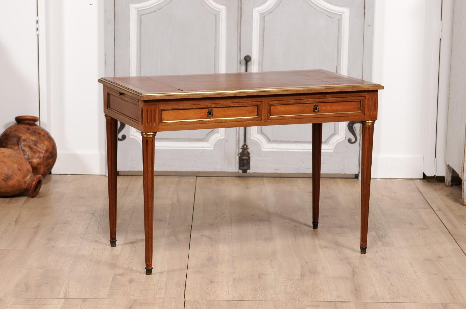 Louis XVI Style French Walnut Desk with Leather Top and Carved Fluted Legs In Good Condition In Atlanta, GA