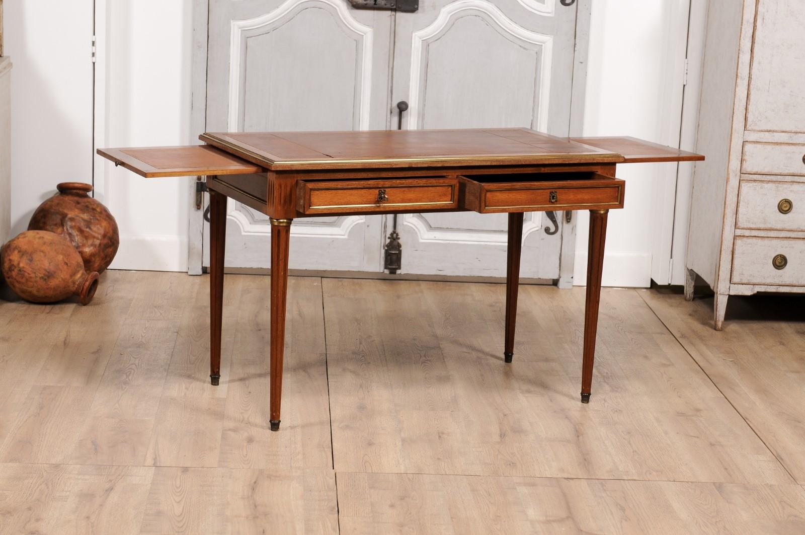Brass Louis XVI Style French Walnut Desk with Leather Top and Carved Fluted Legs