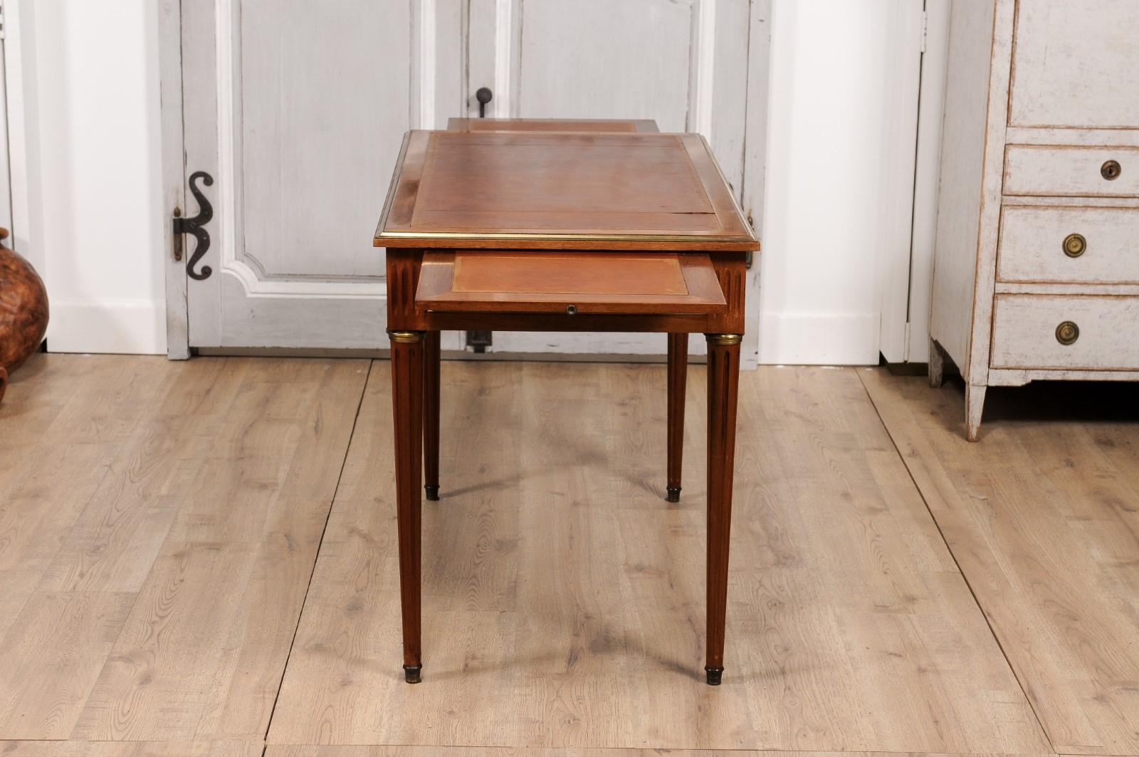 Louis XVI Style French Walnut Desk with Leather Top and Carved Fluted Legs 2