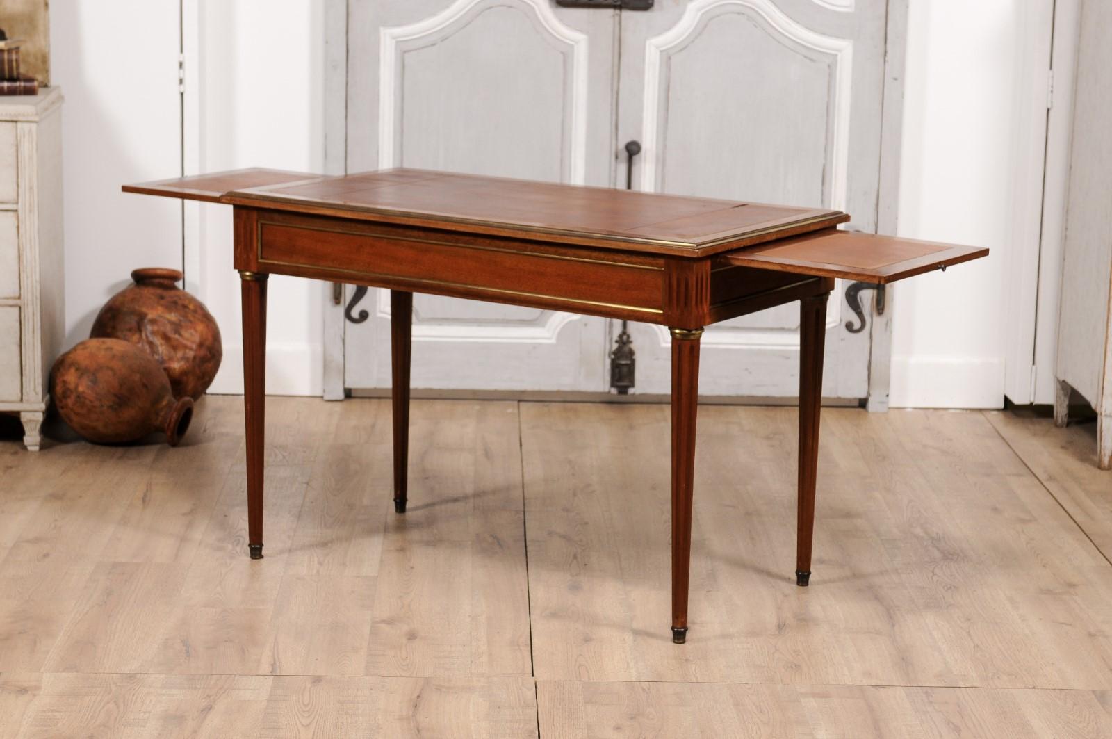 Louis XVI Style French Walnut Desk with Leather Top and Carved Fluted Legs 3