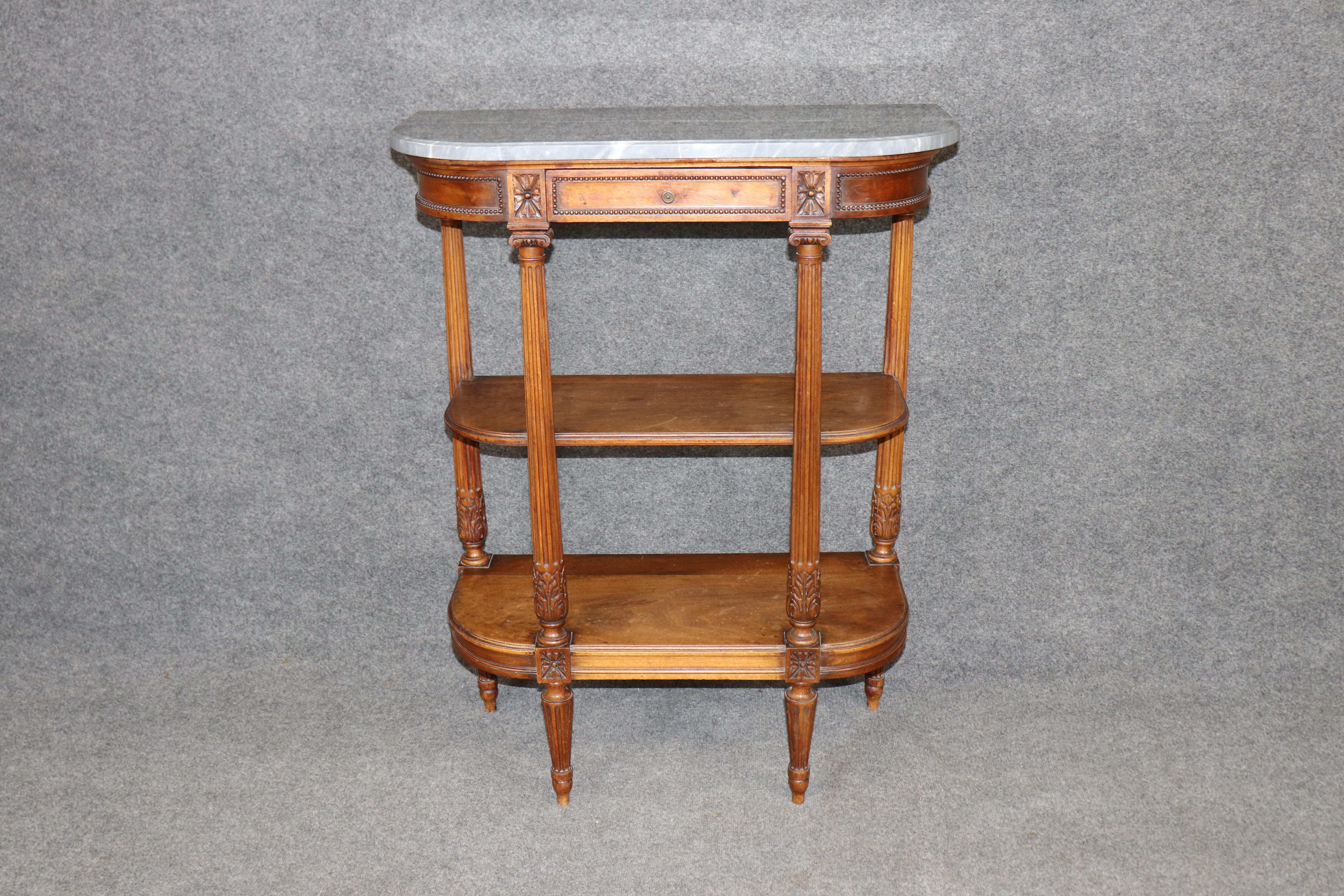 Louis XVI Style French Walnut Marble Top 3 Tier Console Table In Good Condition For Sale In Swedesboro, NJ