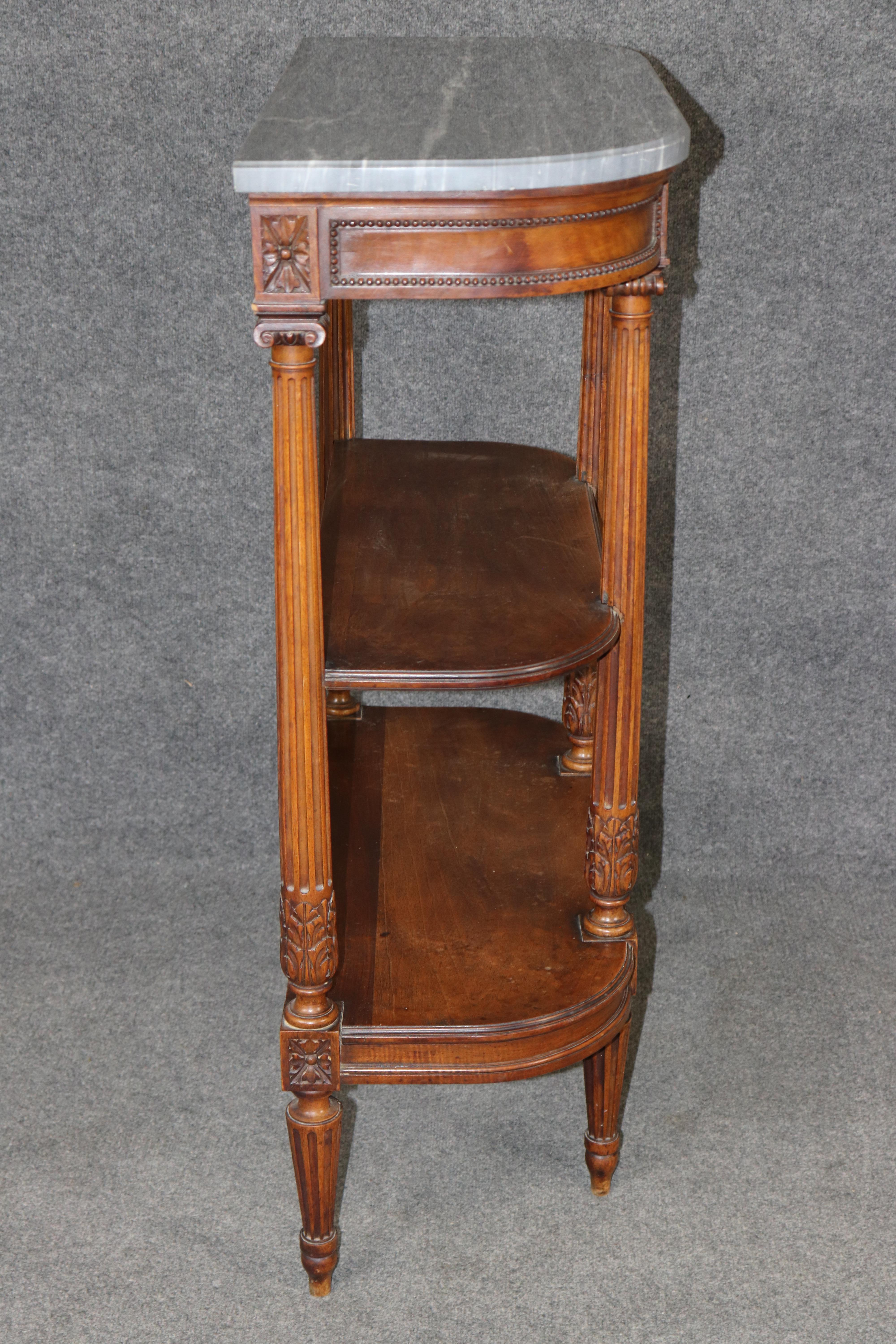 Early 20th Century Louis XVI Style French Walnut Marble Top 3 Tier Console Table For Sale