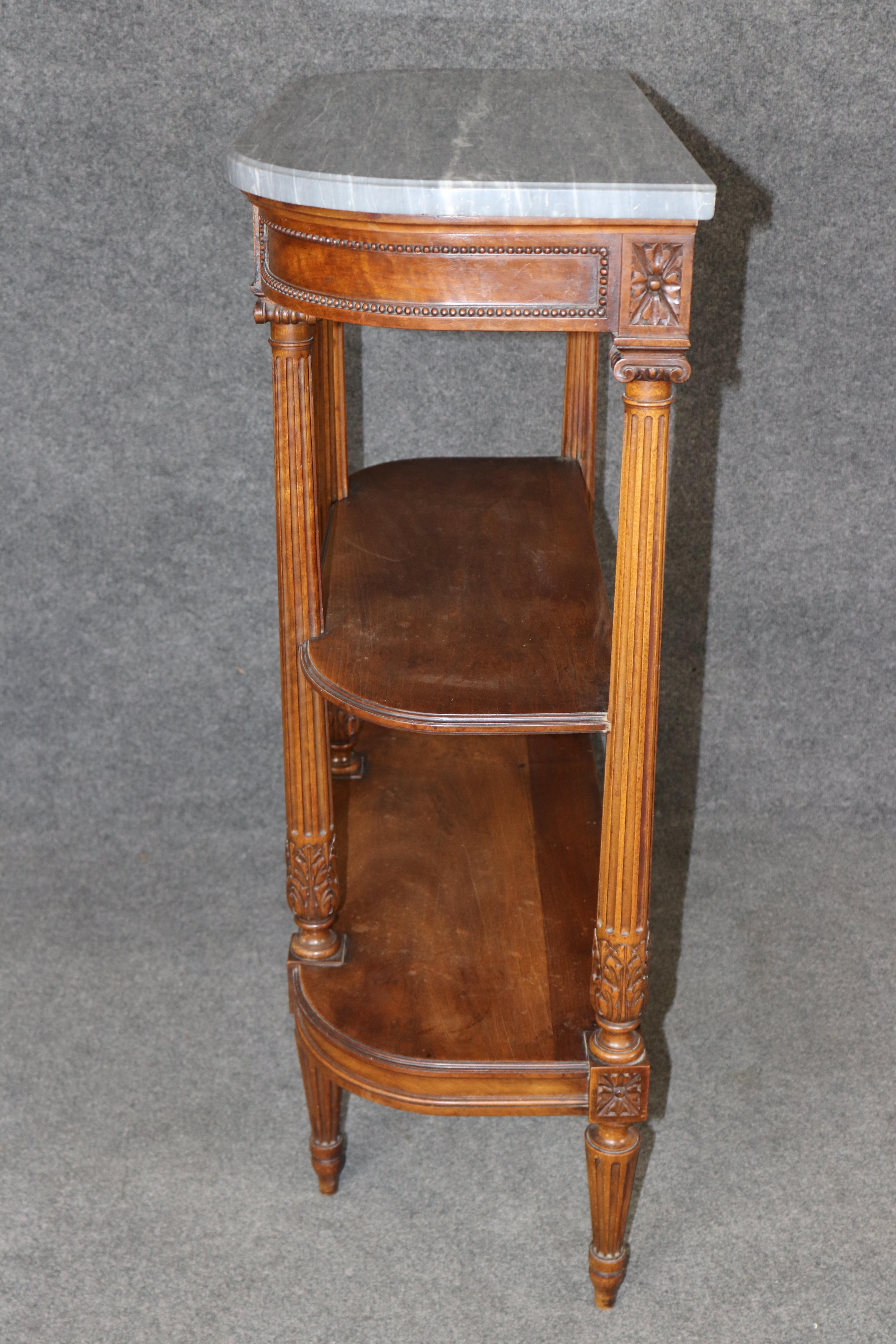 Louis XVI Style French Walnut Marble Top 3 Tier Console Table For Sale 2