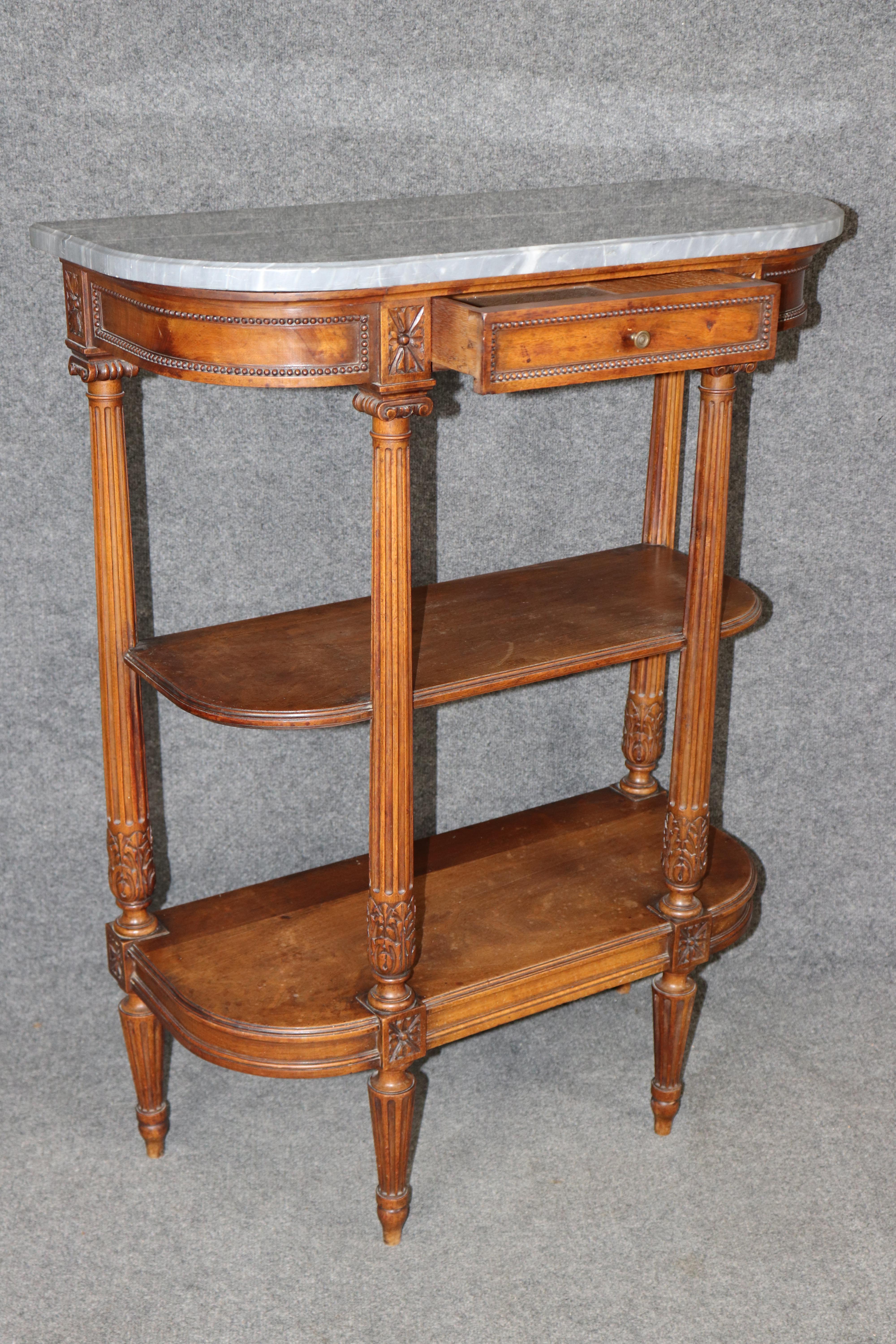 Louis XVI Style French Walnut Marble Top 3 Tier Console Table For Sale 3