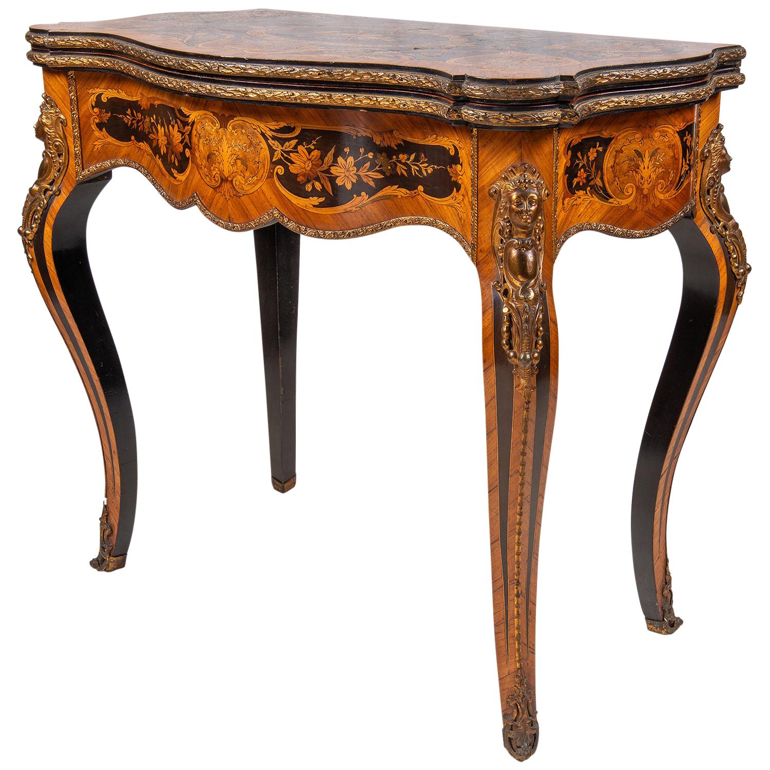 Louis XVI Style French Walnut Marquetry Inlaid Card Table For Sale