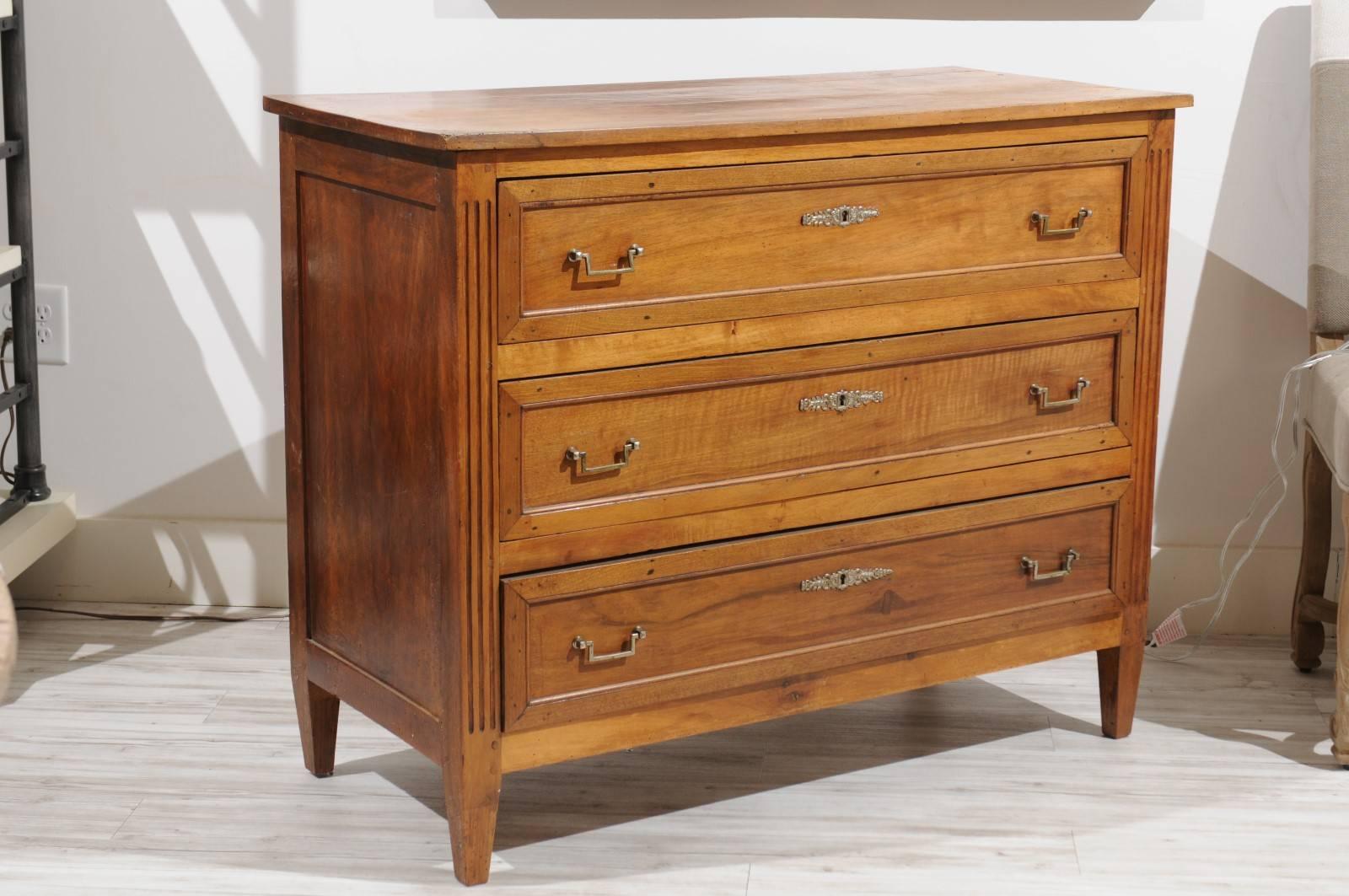 Wood Louis XVI Style French Walnut Three-Drawer Commode from the Late 19th Century