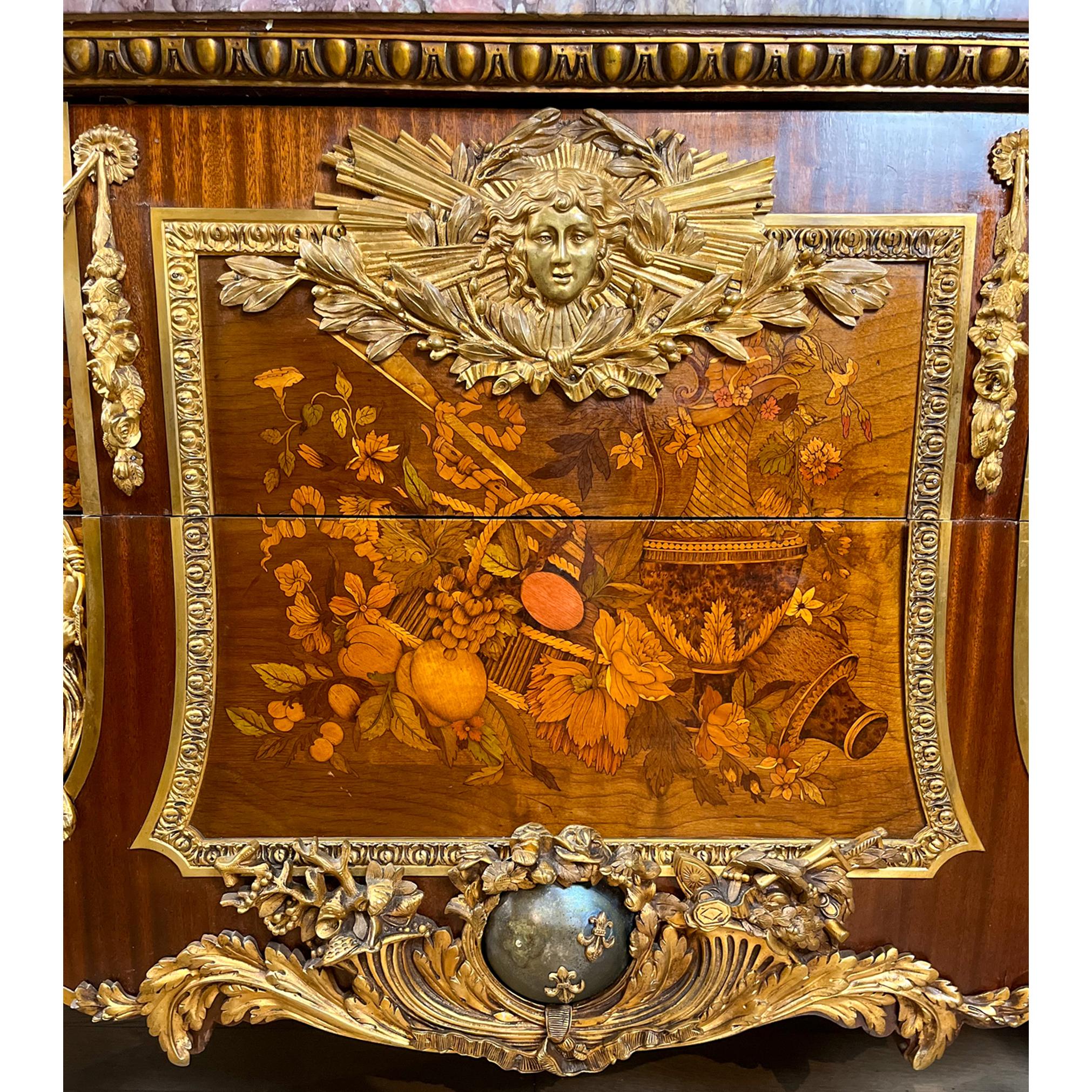French Louis XVI Style Fruitwood Marquetry Commode Modeled After Jean-Henri Reisener For Sale
