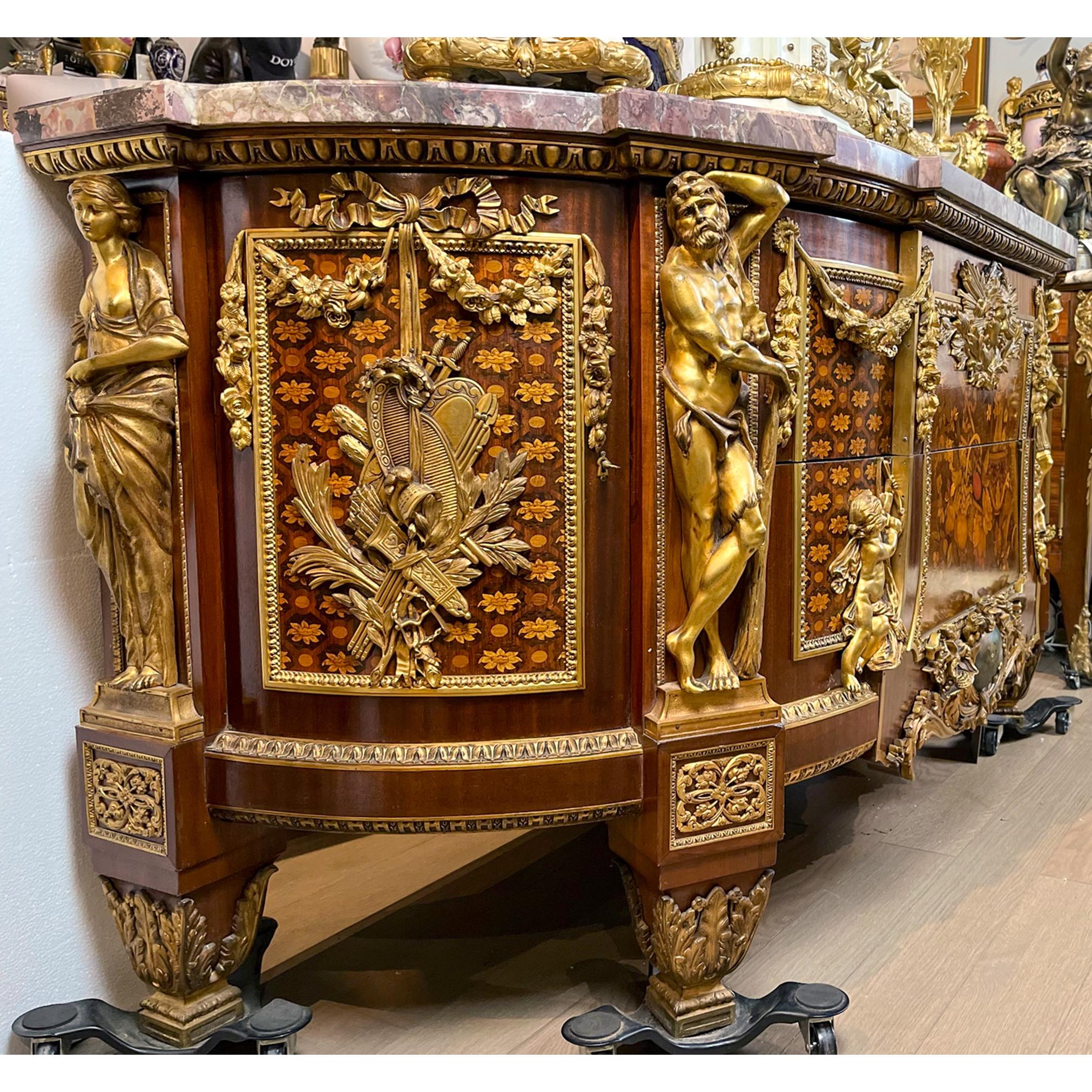 Louis XVI Style Fruitwood Marquetry Commode Modeled After Jean-Henri Reisener In Good Condition For Sale In New York, NY