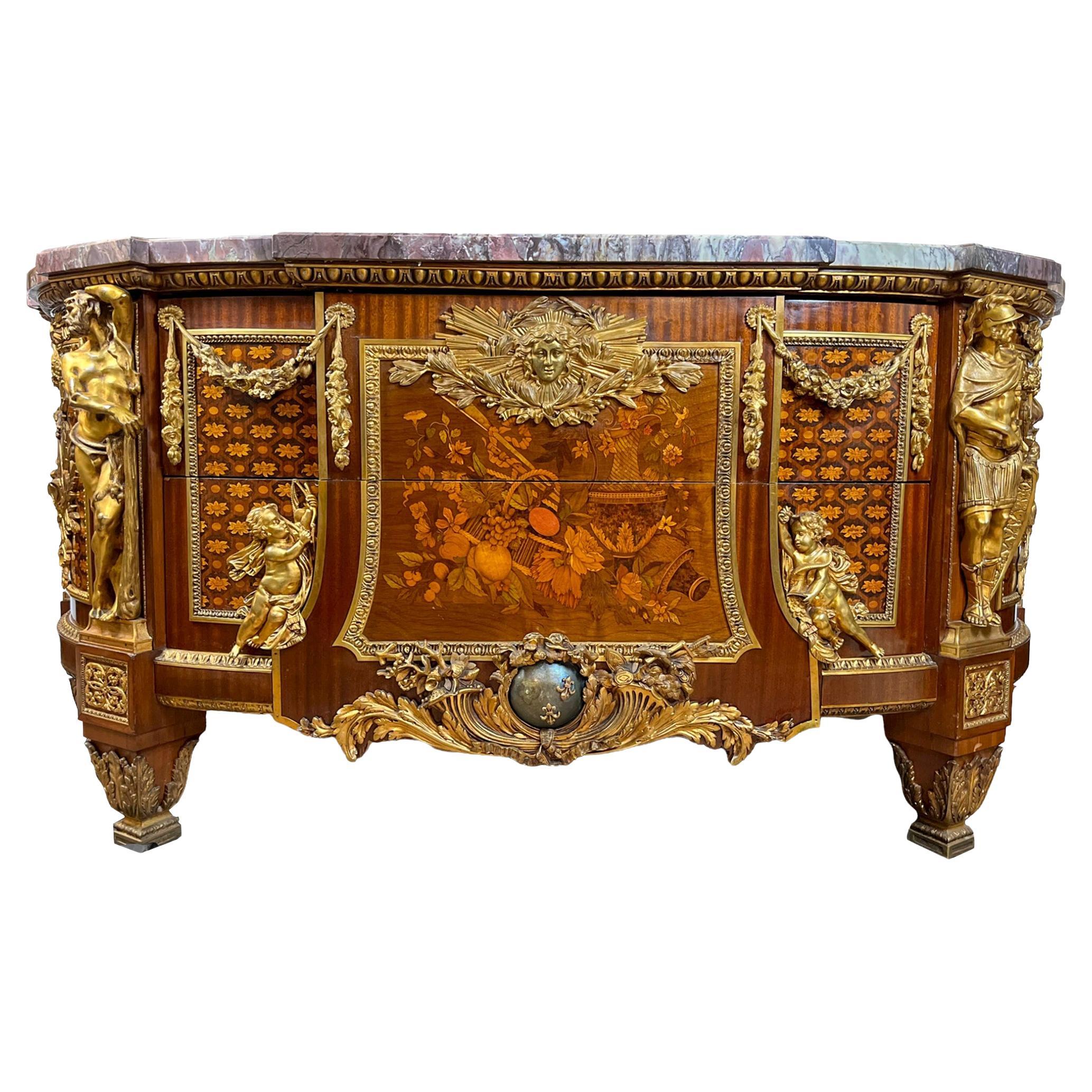 Louis XVI Style Fruitwood Marquetry Commode Modeled After Jean-Henri Reisener For Sale