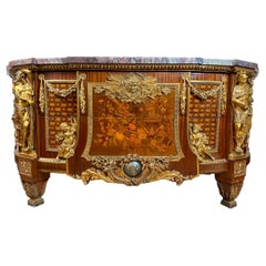 Retro Louis XVI Style Fruitwood Marquetry Commode Modeled After Jean-Henri Reisener