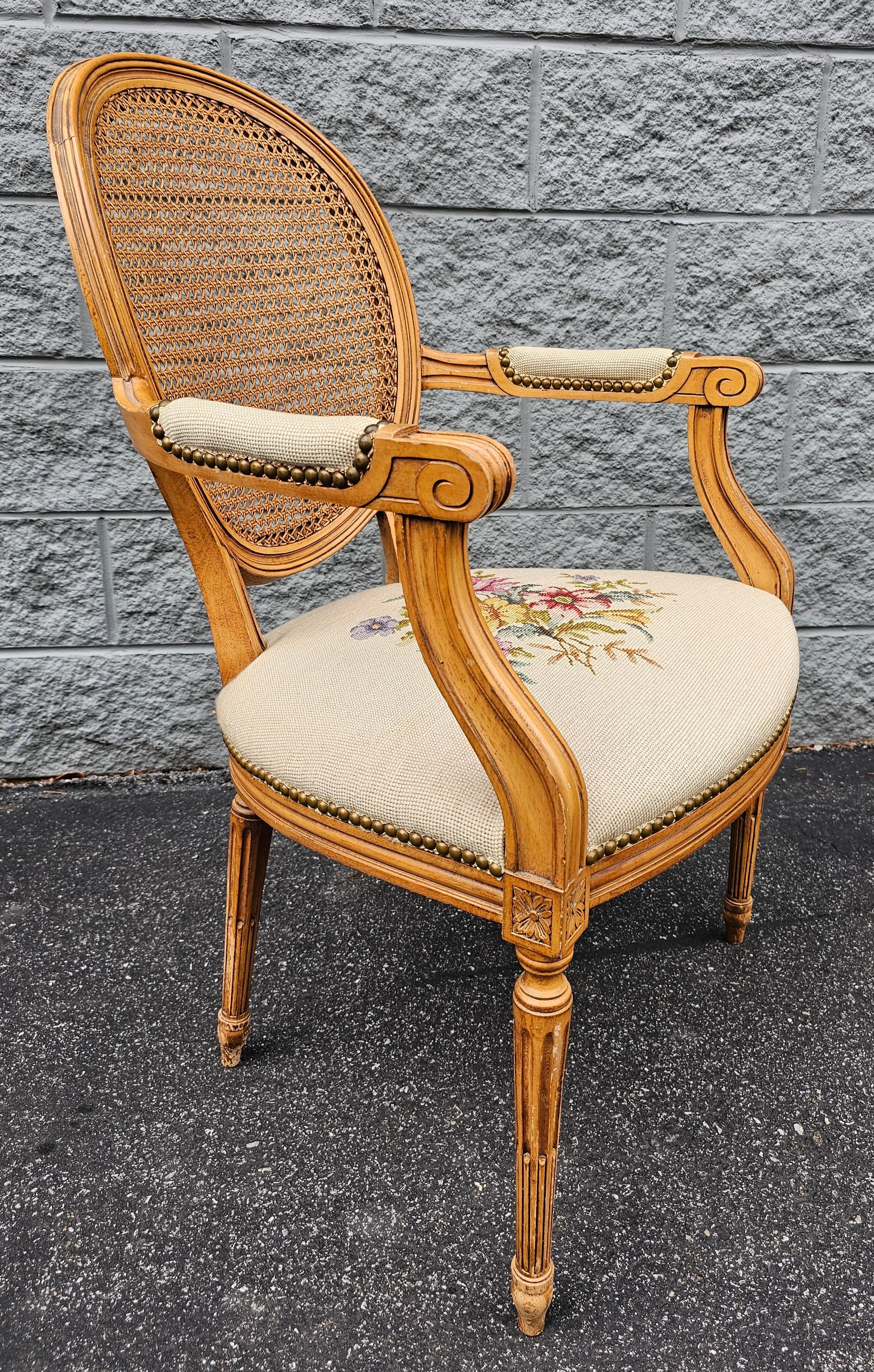 Unknown Louis XVI Style Fruitwood, Needlepoint Upholstered Seat And Caned Back Fauteuil For Sale