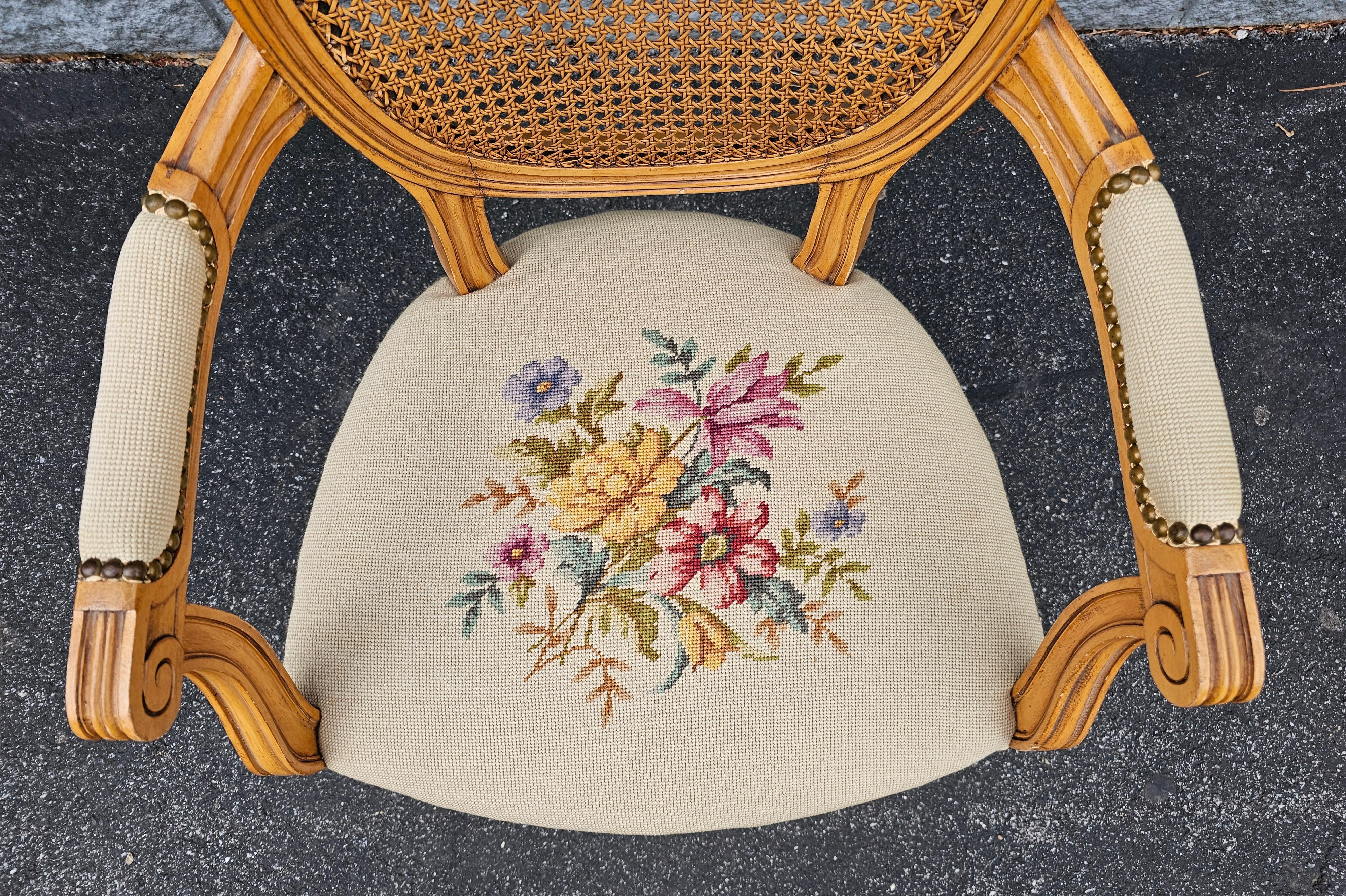 20th Century Louis XVI Style Fruitwood, Needlepoint Upholstered Seat And Caned Back Fauteuil For Sale