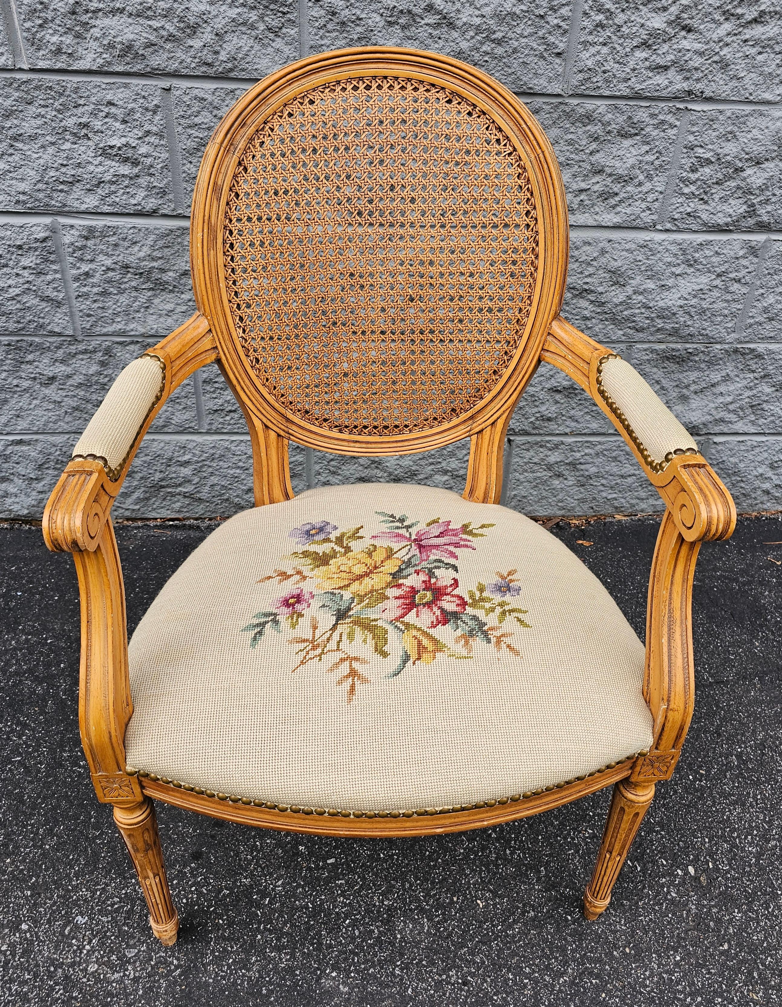 Louis XVI Style Fruitwood, Needlepoint Upholstered Seat And Caned Back Fauteuil For Sale 1