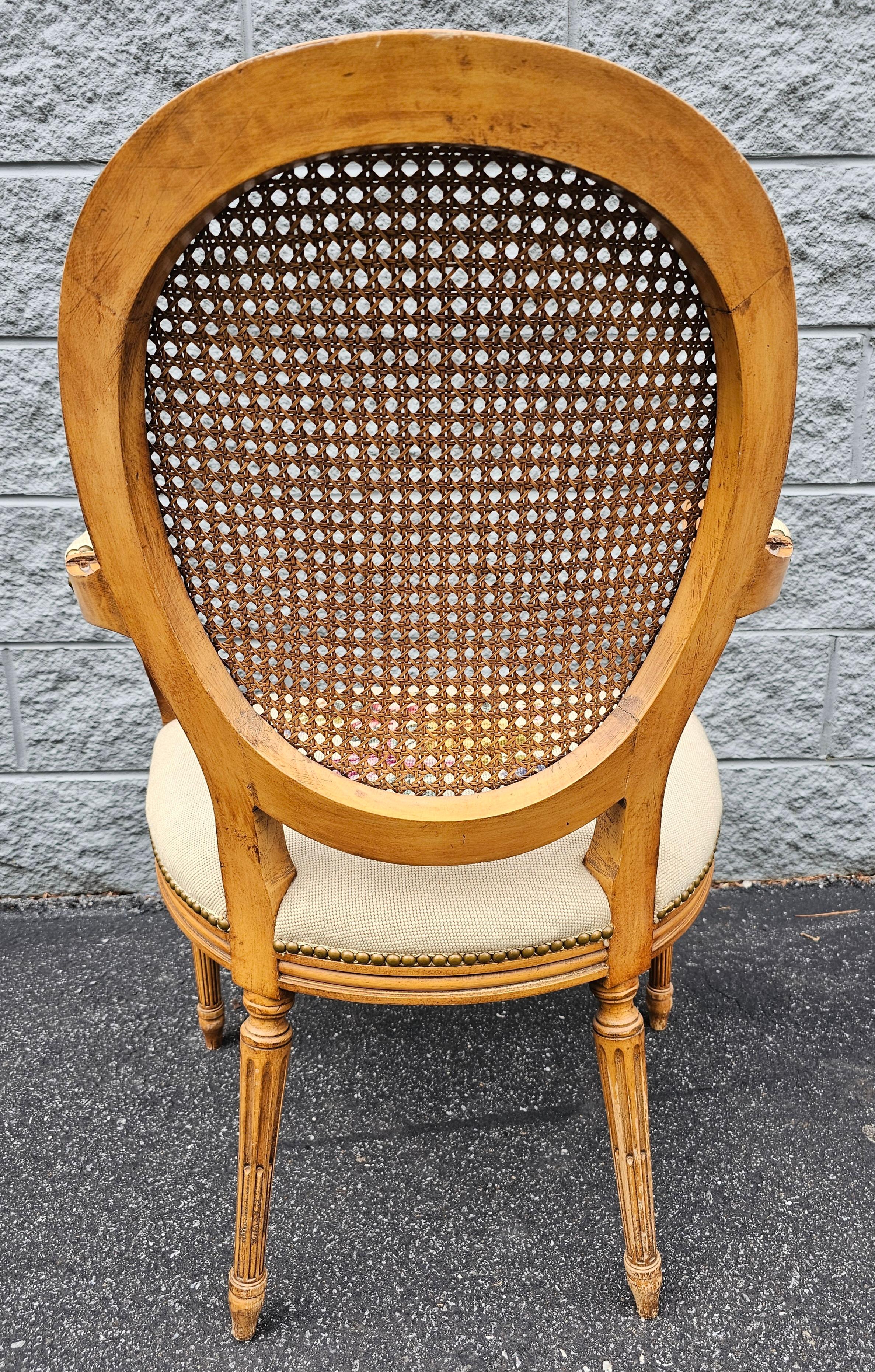 Louis XVI Style Fruitwood, Needlepoint Upholstered Seat And Caned Back Fauteuil For Sale 3