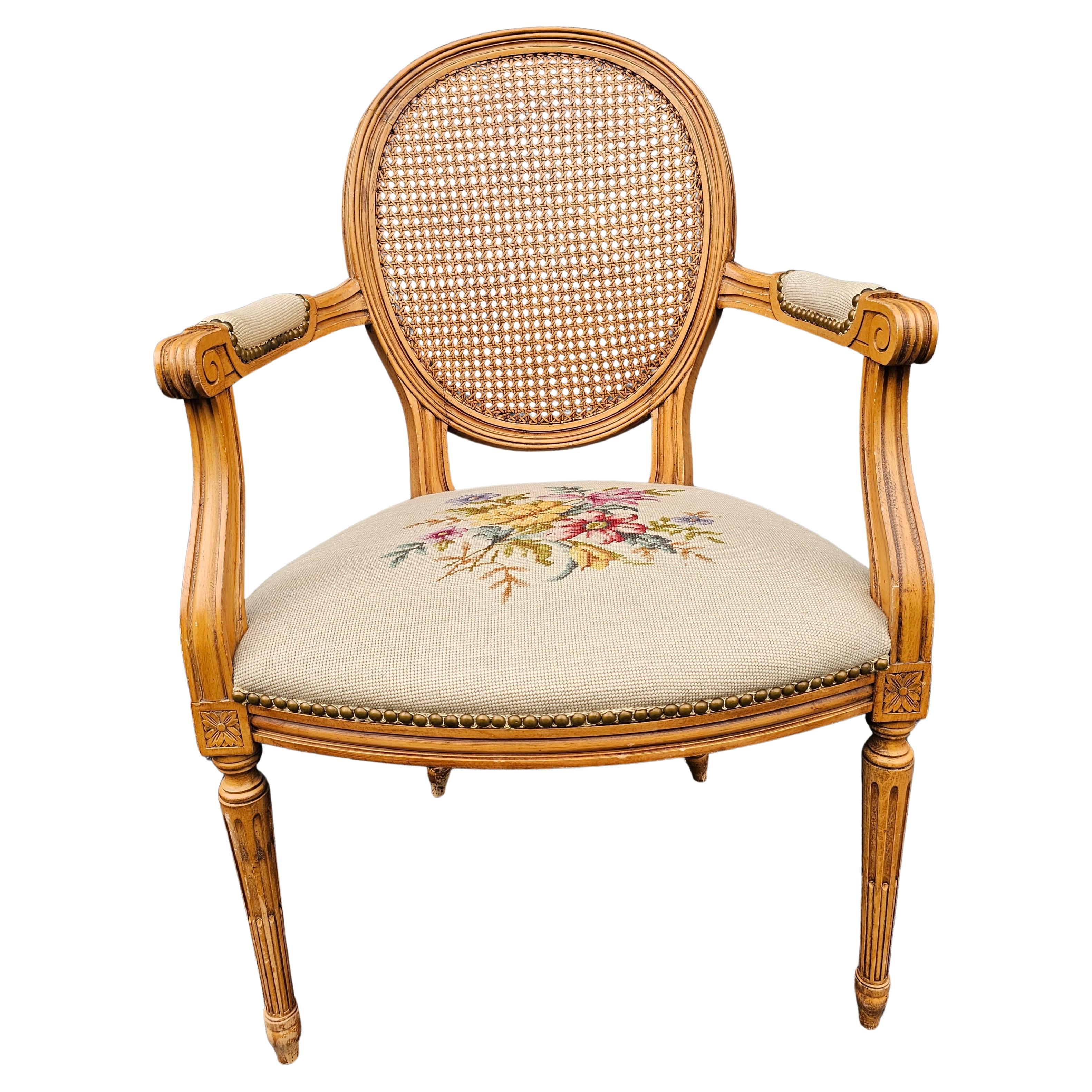 Louis XVI Style Fruitwood, Needlepoint Upholstered Seat And Caned Back Fauteuil For Sale