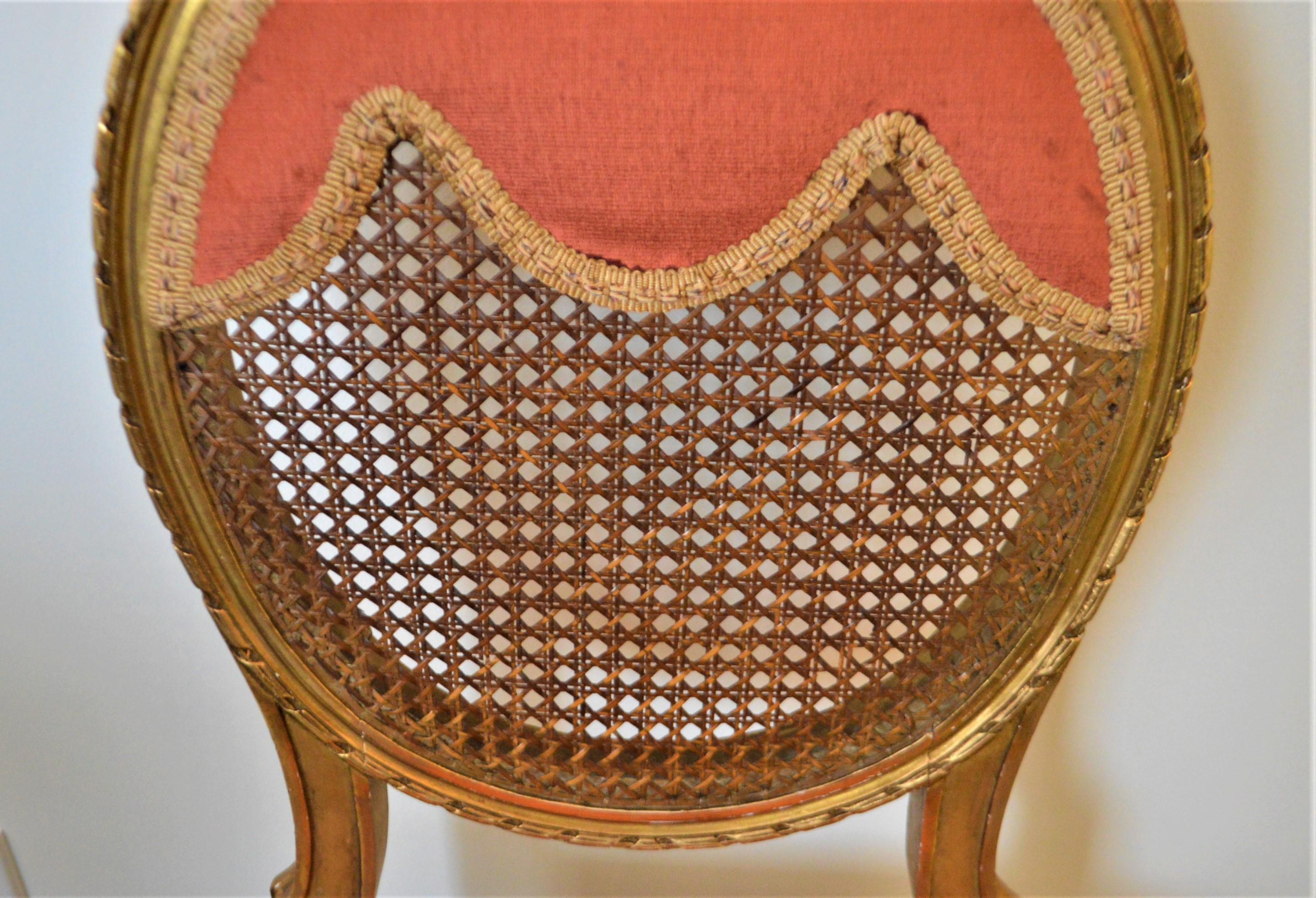 French Louis XVI Style Gilded Accent Chair, Caned Back, Original Apricot Velvet Seat For Sale
