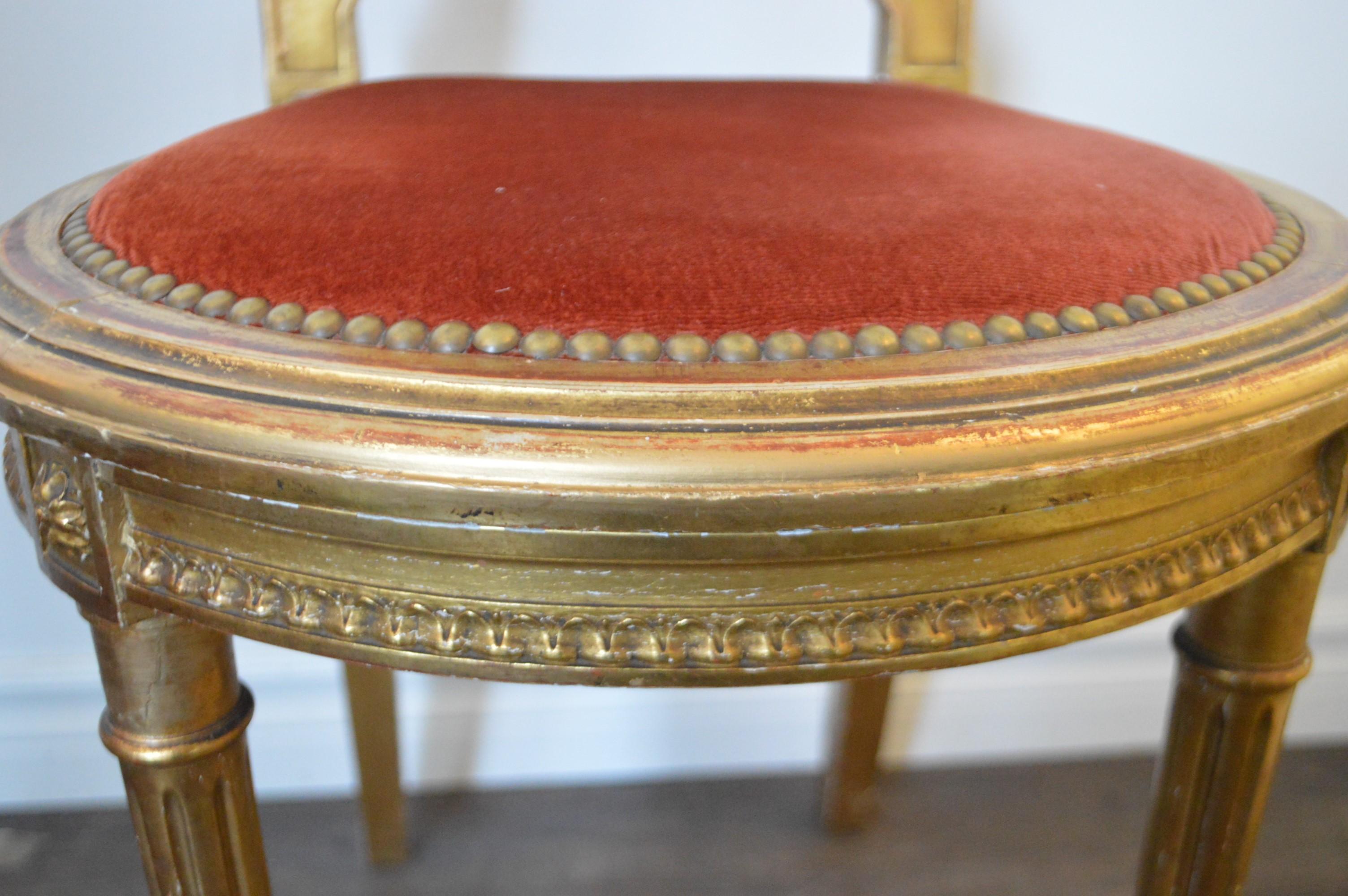 Louis XVI Style Gilded Accent Chair, Caned Back, Original Apricot Velvet Seat In Good Condition For Sale In Oakville, ON