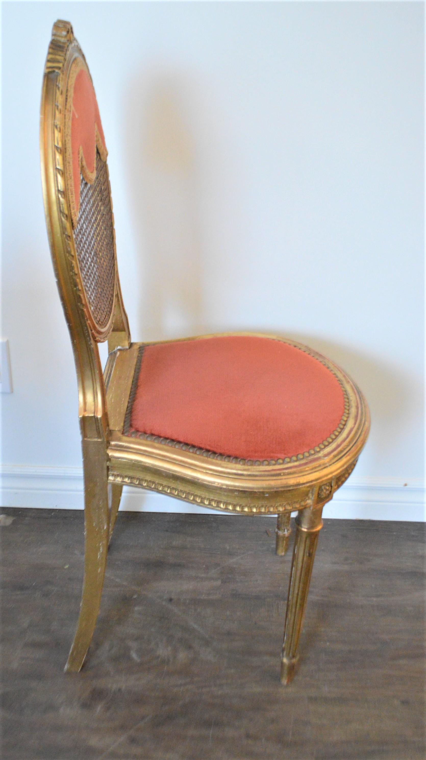 20th Century Louis XVI Style Gilded Accent Chair, Caned Back, Original Apricot Velvet Seat For Sale