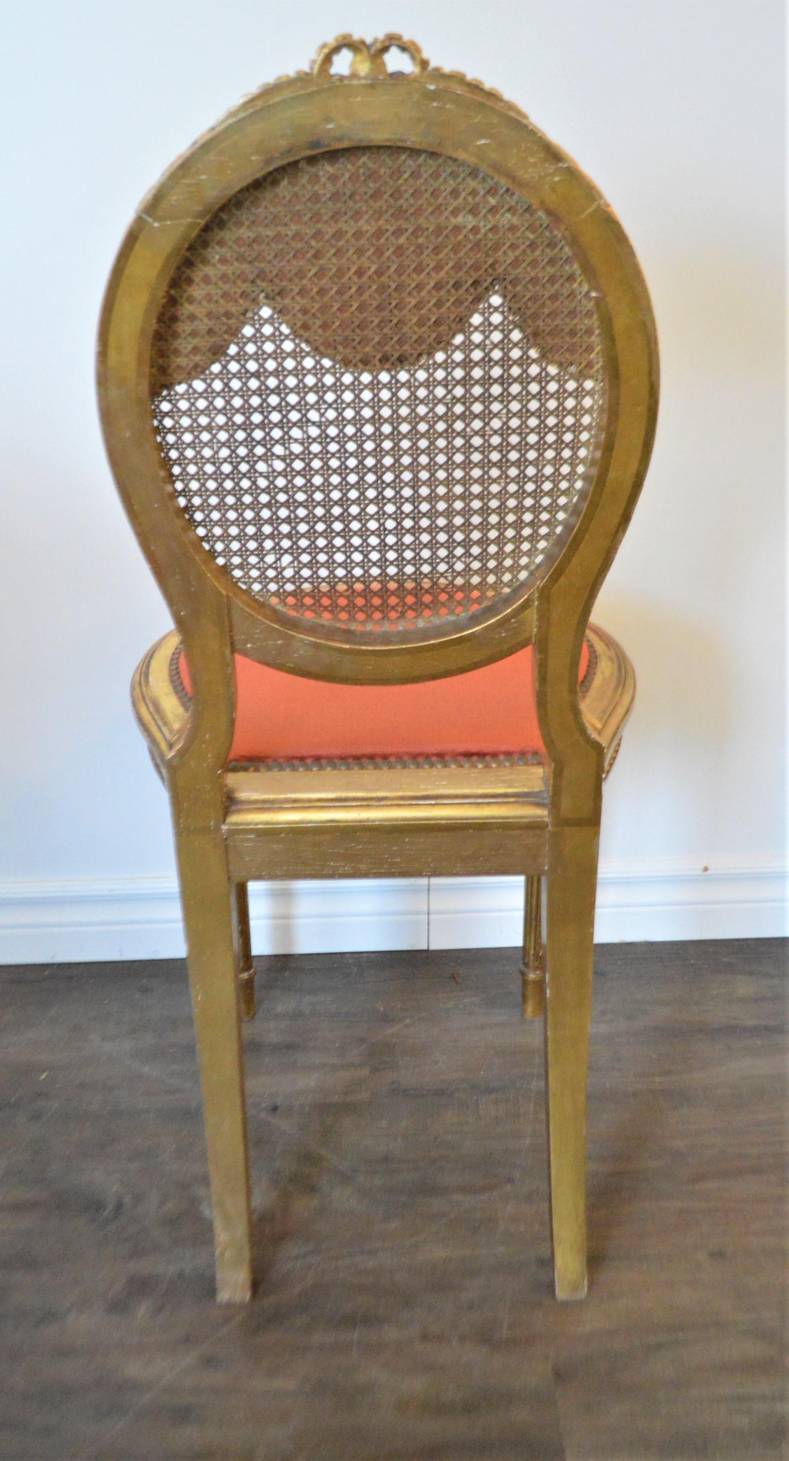 Wood Louis XVI Style Gilded Accent Chair, Caned Back, Original Apricot Velvet Seat For Sale