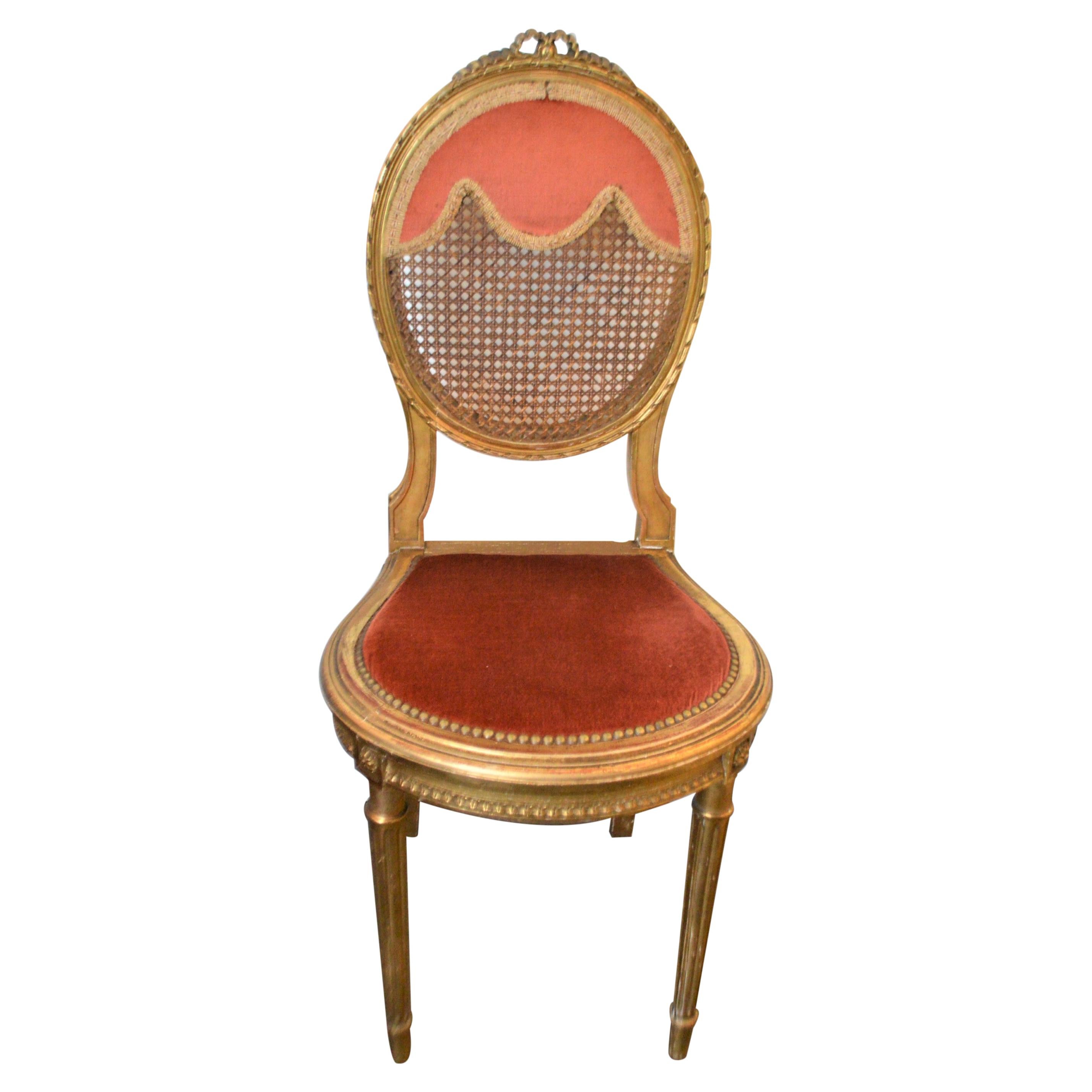 Louis XVI Style Gilded Accent Chair, Caned Back, Original Apricot Velvet Seat For Sale