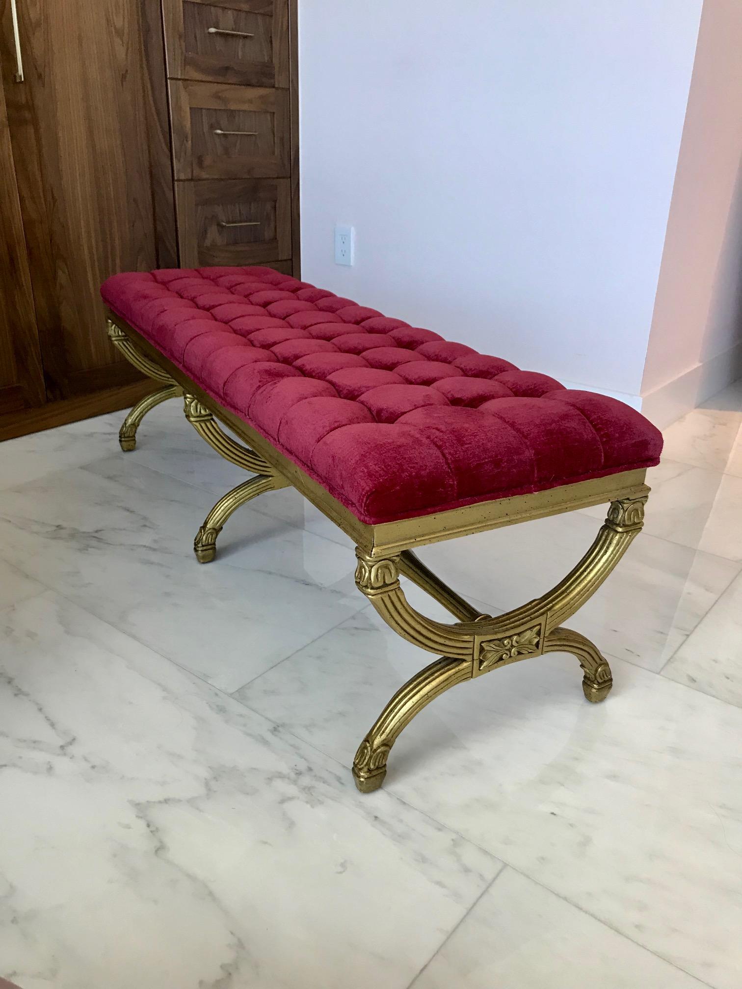 Louis XVI Style Gilded Bench with Tufted Seat Design, Italy 3