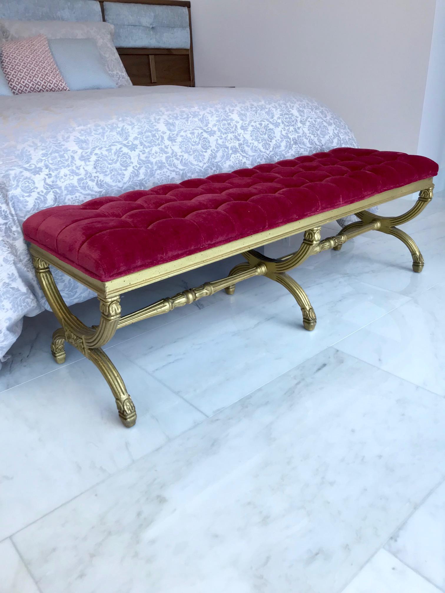 Italian Louis XVI Style Gilded Bench with Tufted Seat Design, Italy