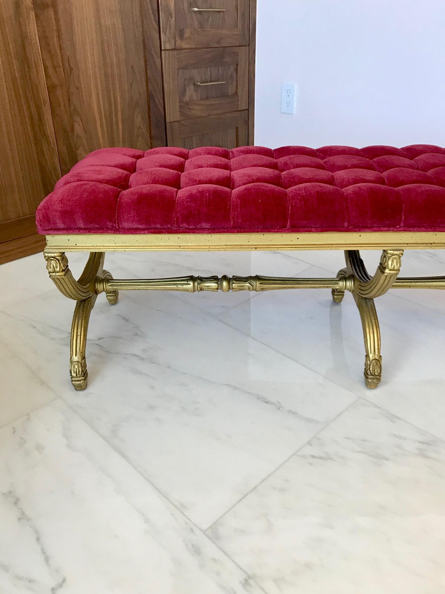 Hand-Carved Louis XVI Style Gilded Bench with Tufted Seat Design, Italy