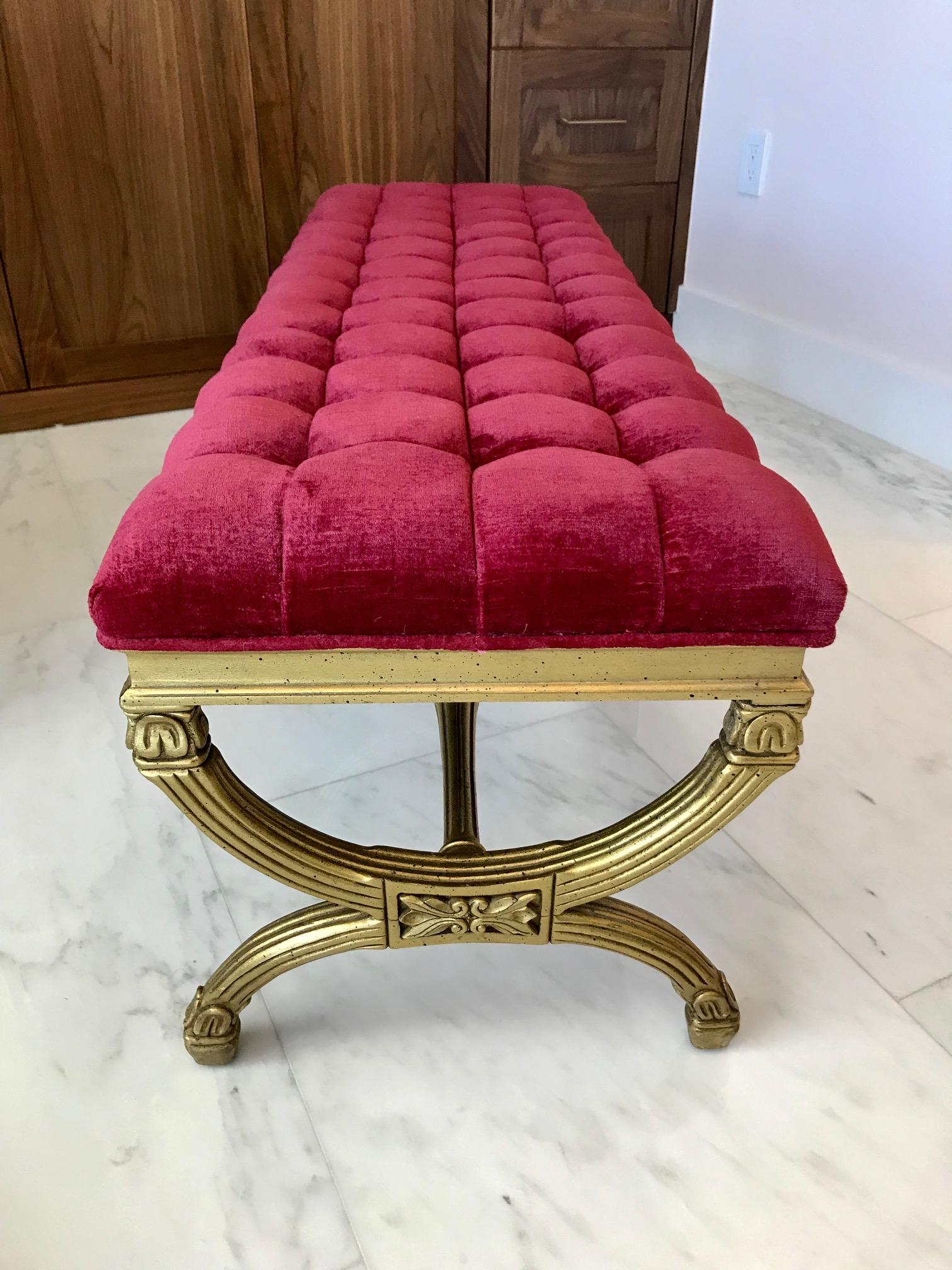 Upholstery Louis XVI Style Gilded Bench with Tufted Seat Design, Italy