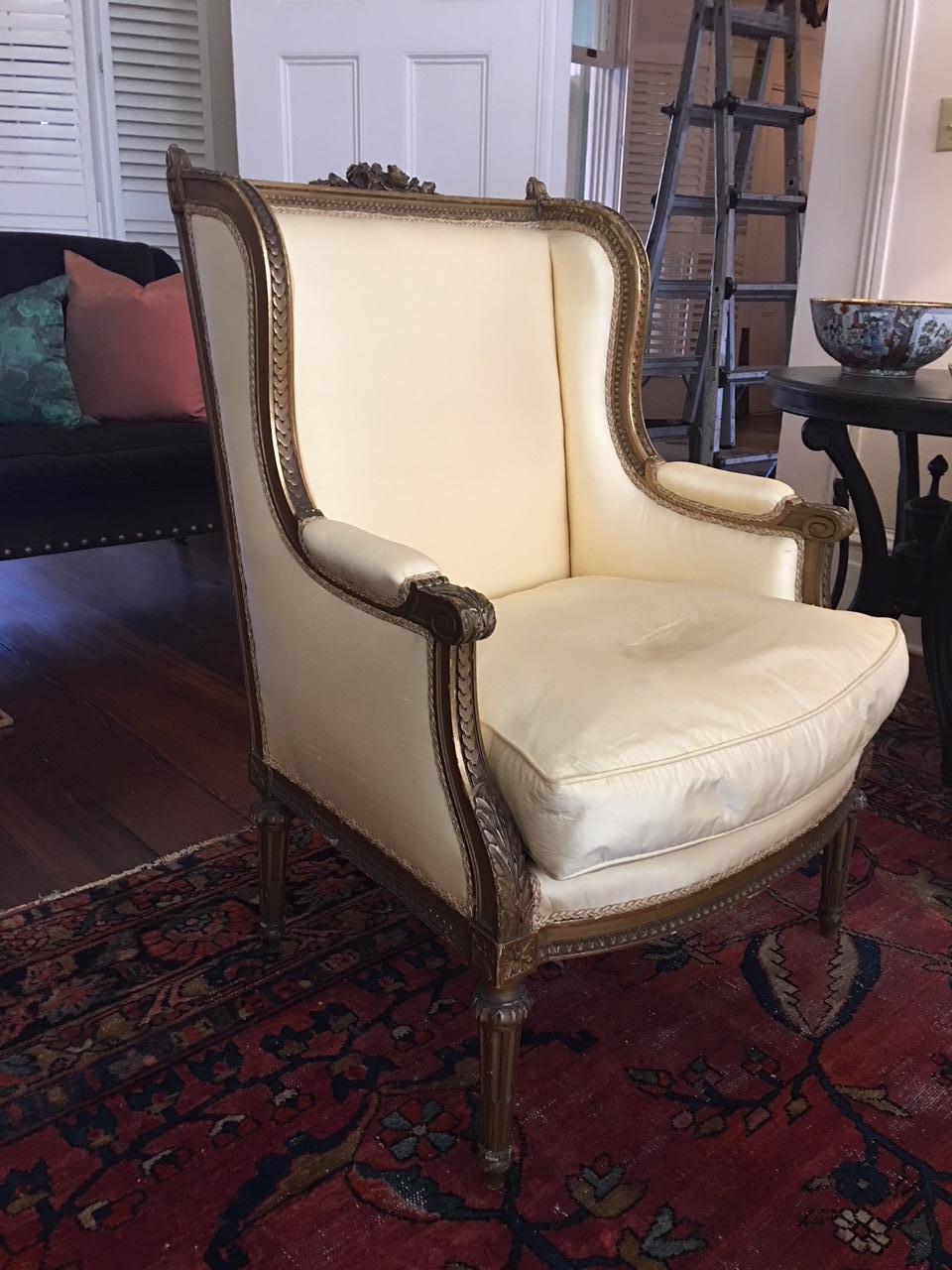 Louis XVI style gilded chair, 19th century. Square back and down cushion seat.