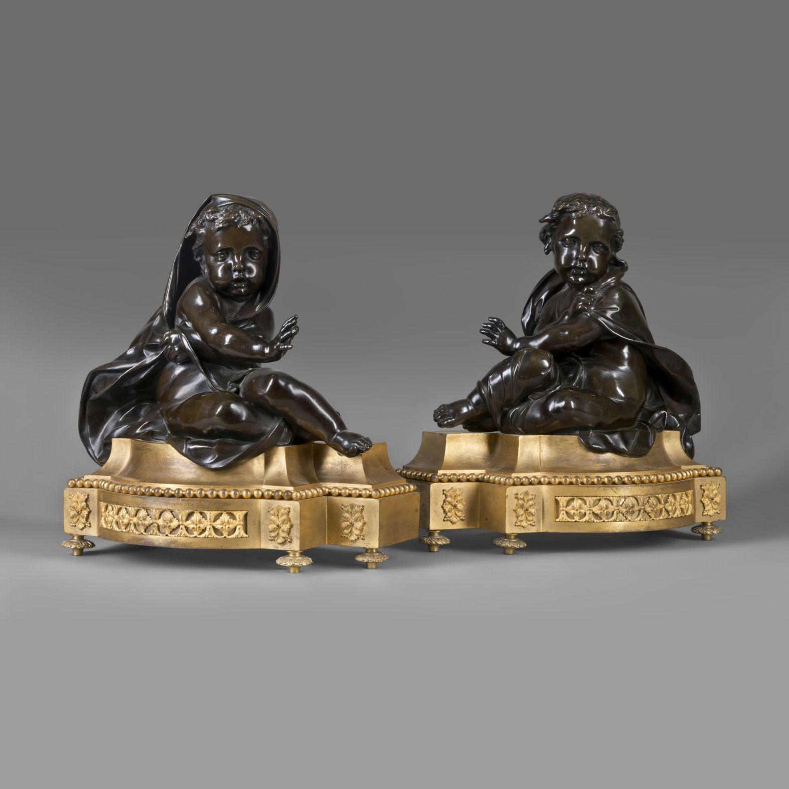 A Fine Pair of Louis XVI Style Gilt and Patinated Bronze Chenets Allegorical of Winter.

Each chenet is formed as seated putto clad in drapery, on shaped gilt-bronze plinth bases with acanthus panelled borders and raised on toupie feet.

French,