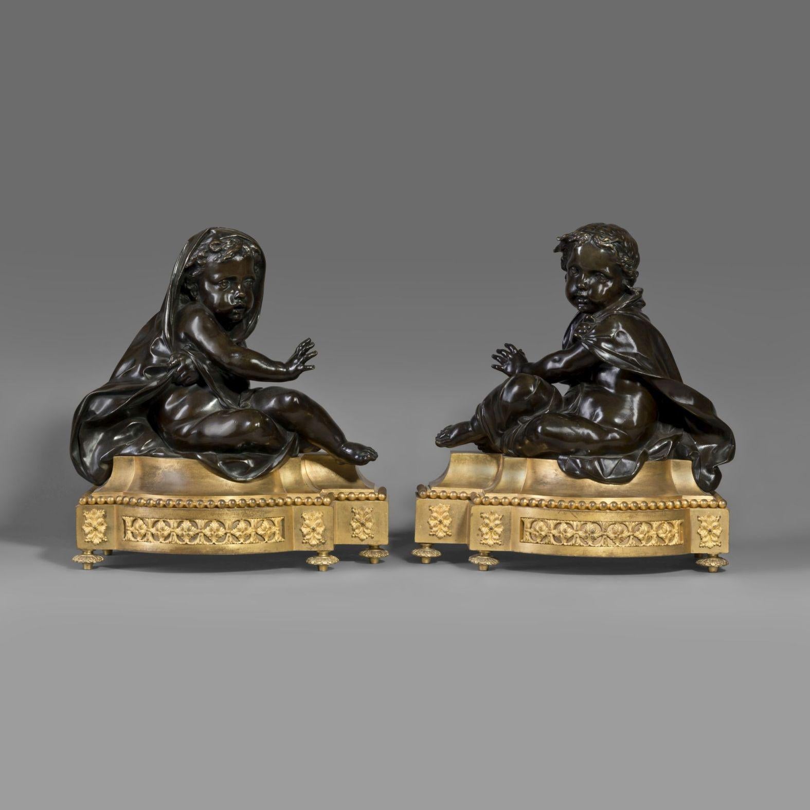 French Louis XVI Style Gilt and Patinated Bronze Chenets Allegorical of Winter For Sale