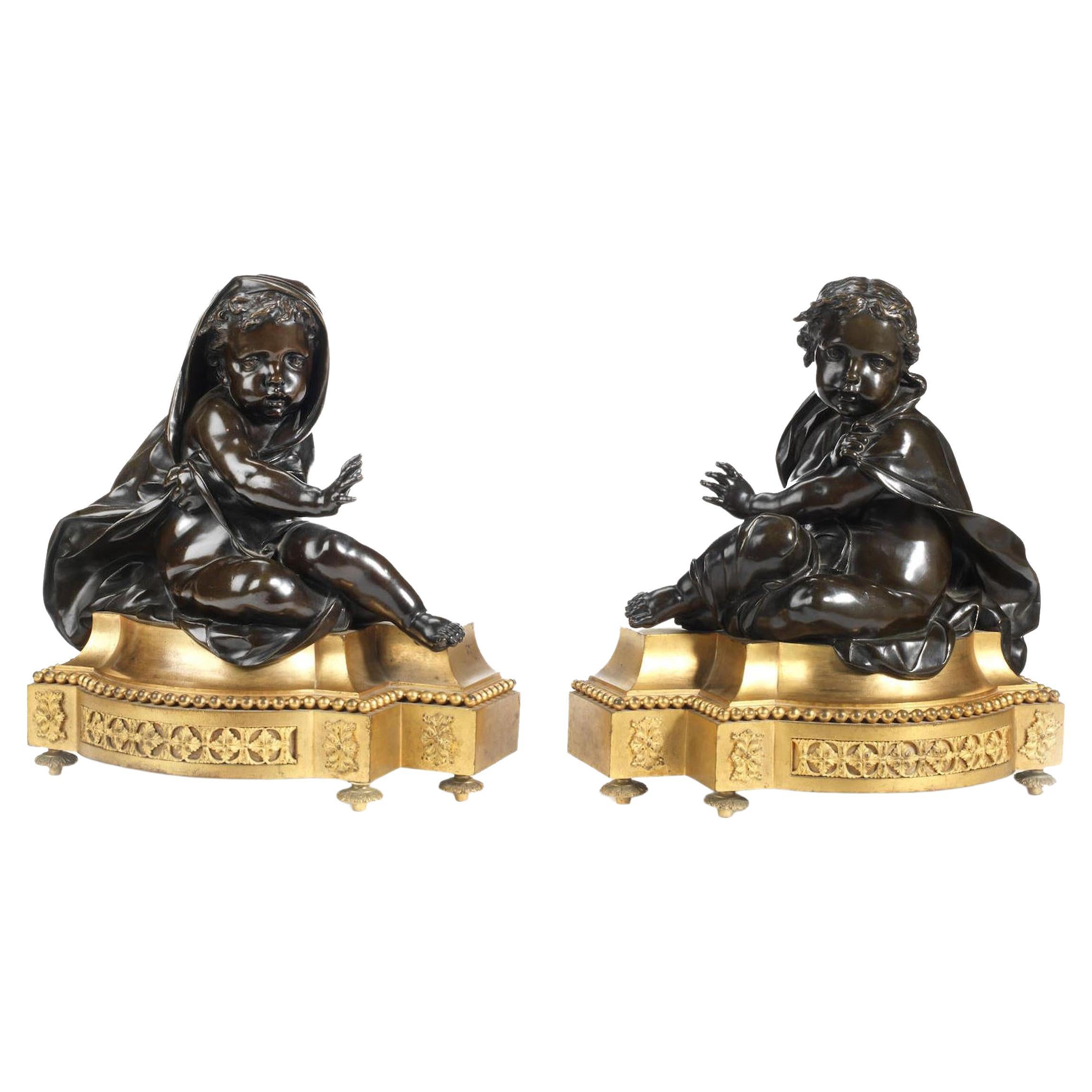 Allegorische Chenets aus vergoldeter und patinierter Bronze im Louis-XVI.-Stil des Winters