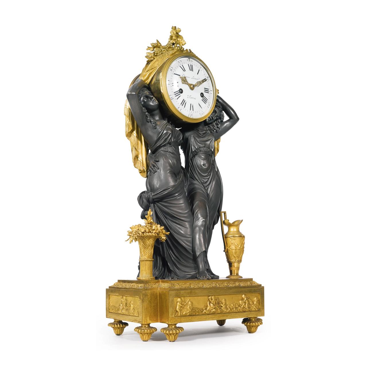 Very fine Louis XVI style gilt and patinated bronze mantel clock in the manner of Louis-Simon Boizot with Roman and Arabic numerals enamel dials; the twin train movement is inscribed Etienne Lenoir / LESIEUR and numbered 811

Maker: Étienne Le