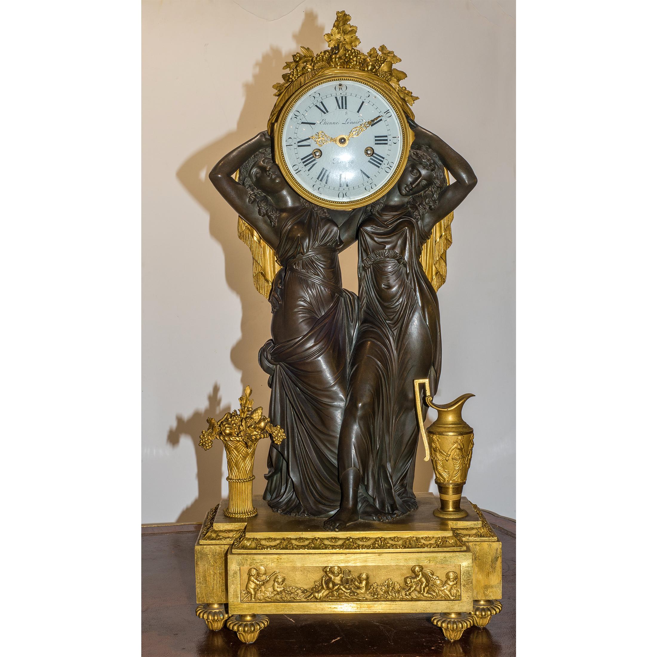 French Louis XVI Style Gilt and Patinated Bronze Mantel Clock