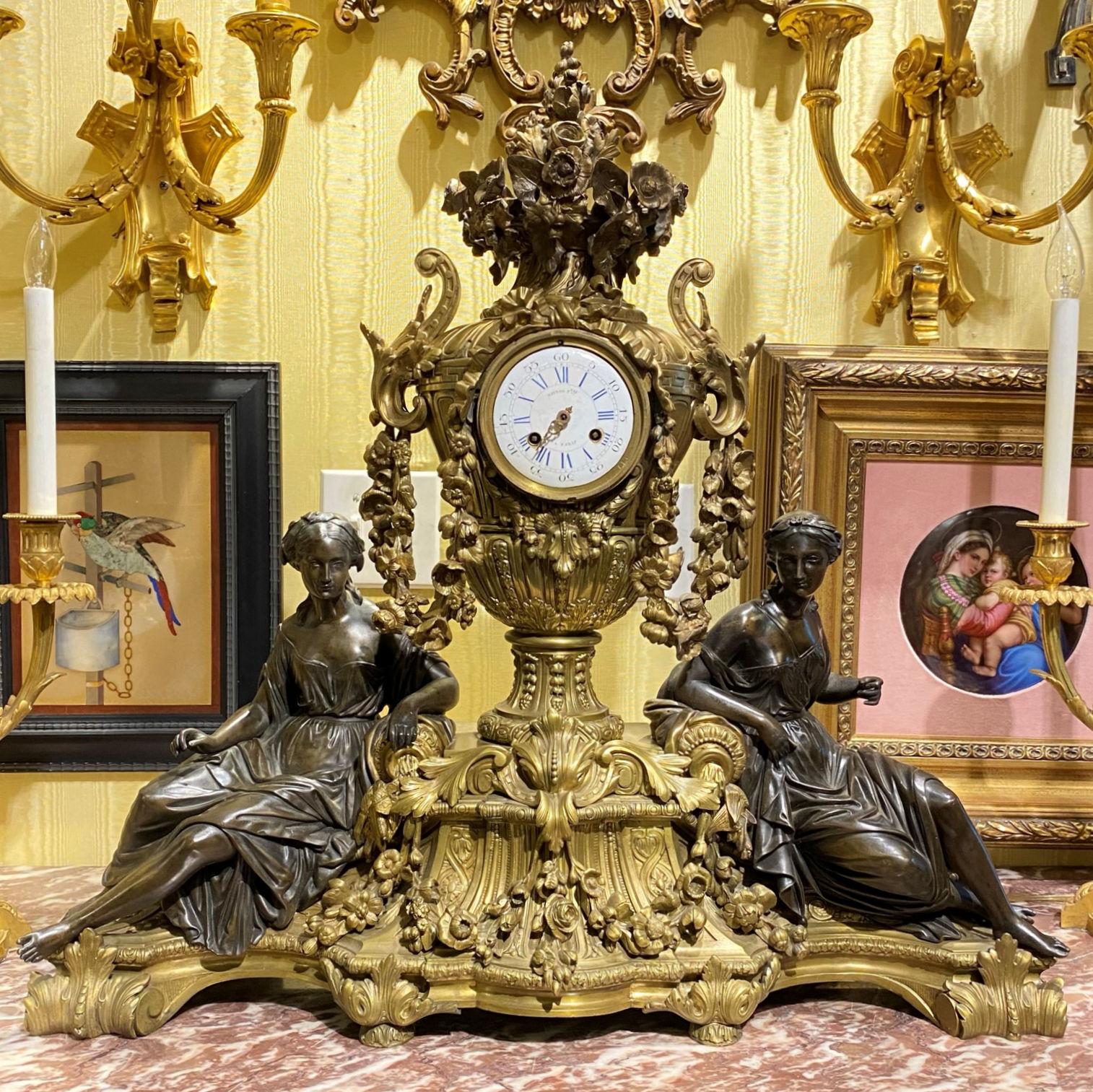 Very fine quality French 19th century Louis XVI style gilt and patinated figural bronze clock signed 