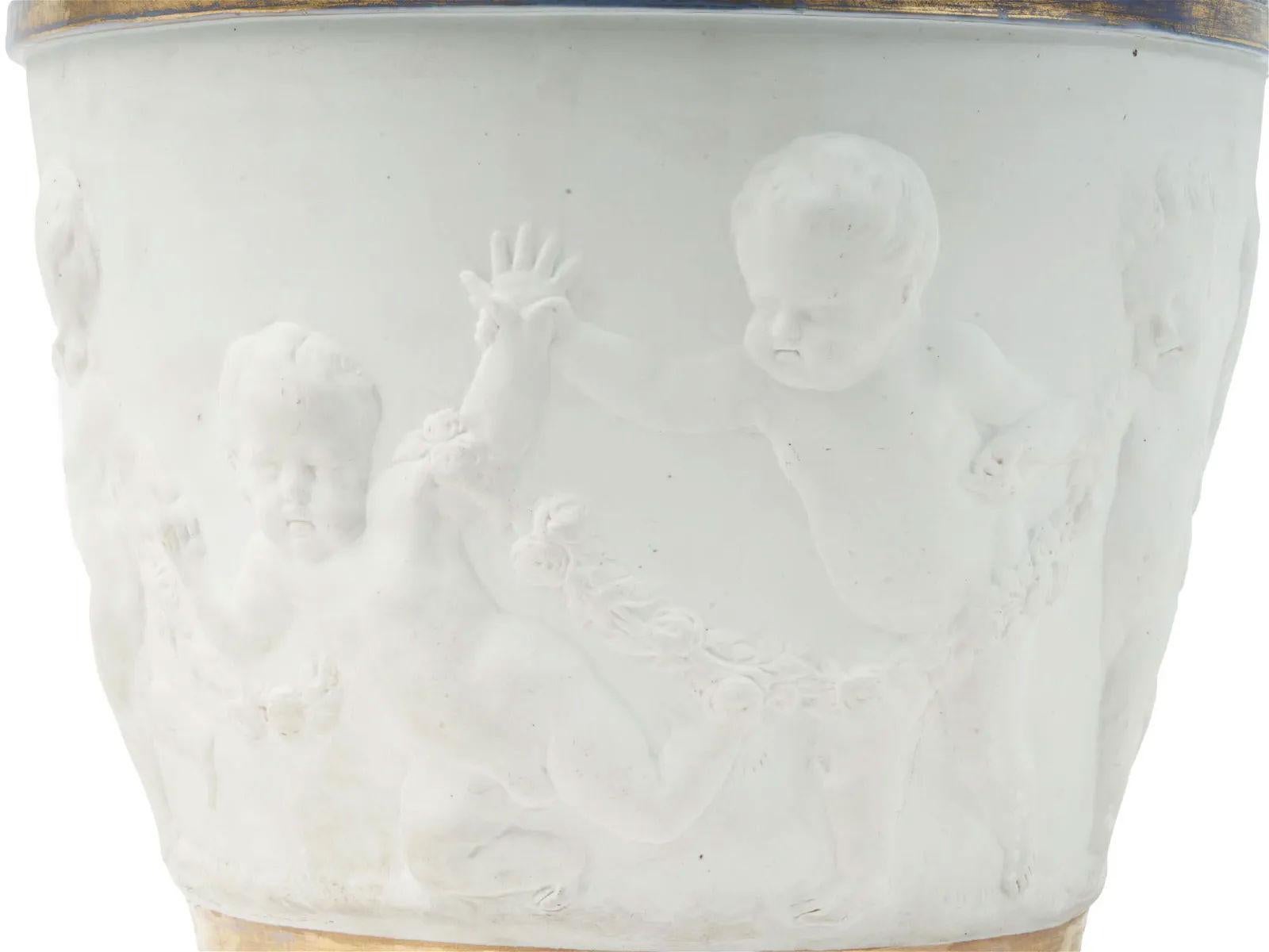 Large Louis XVI Sevres Style Gilt Bisque and Jasperware Porcelain Jardiniere For Sale 5
