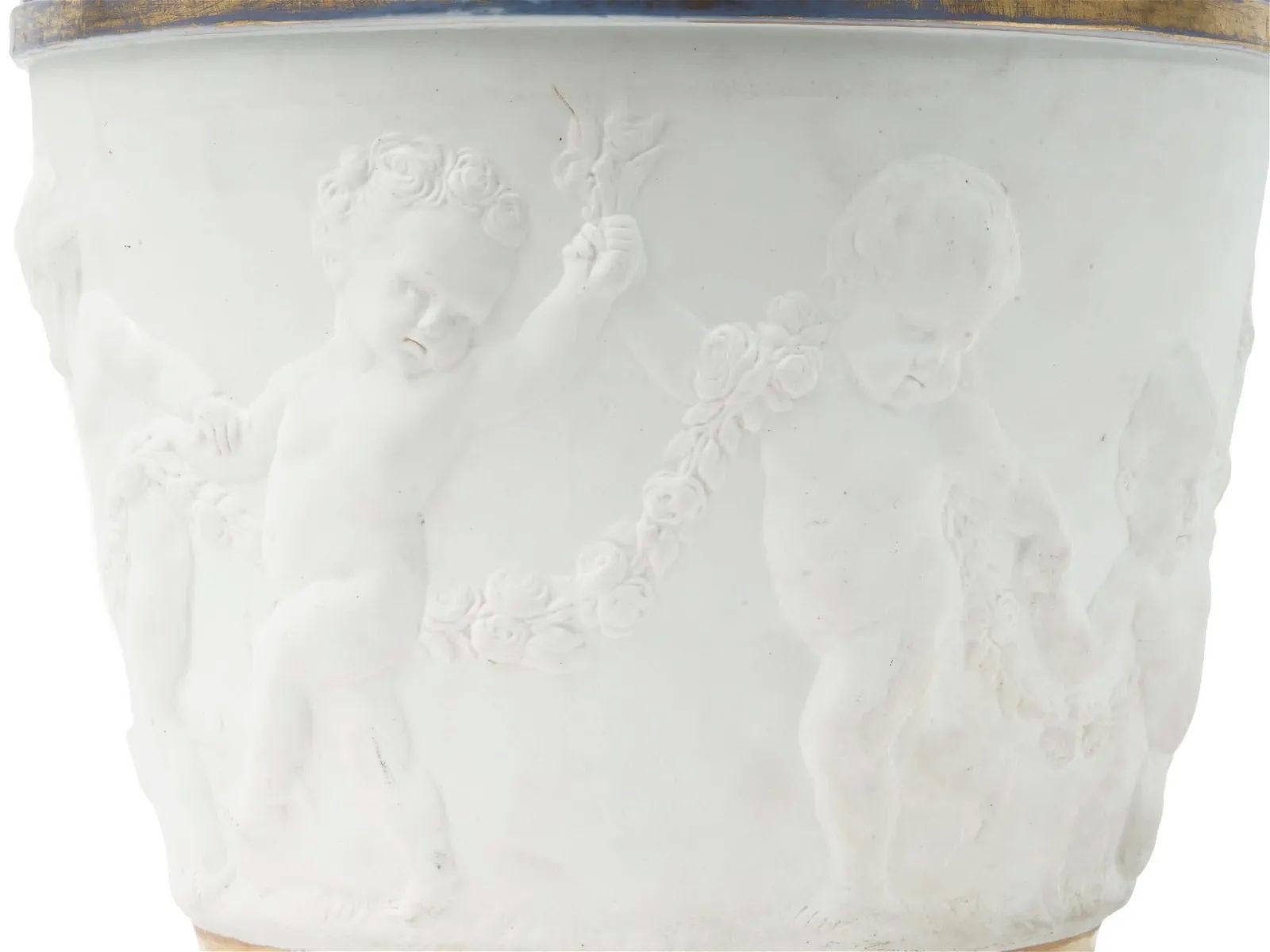 Large Louis XVI Sevres Style Gilt Bisque and Jasperware Porcelain Jardiniere For Sale 6