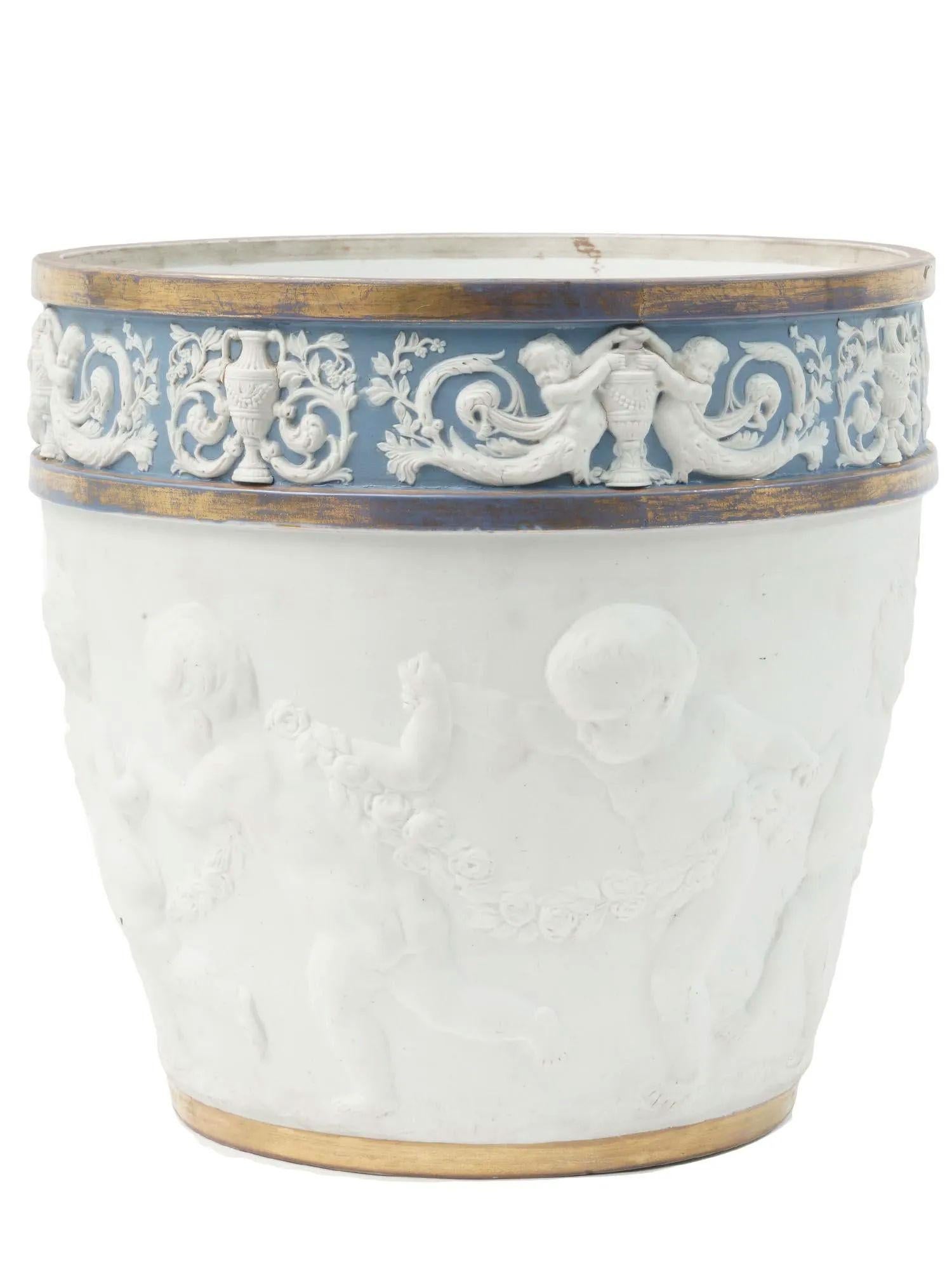Large Louis XVI Sevres Style Gilt Bisque and Jasperware Porcelain Jardiniere For Sale 1