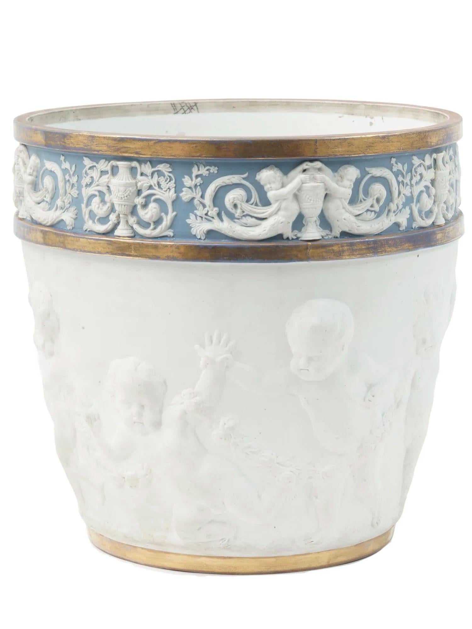 Large Louis XVI Sevres Style Gilt Bisque and Jasperware Porcelain Jardiniere For Sale 2