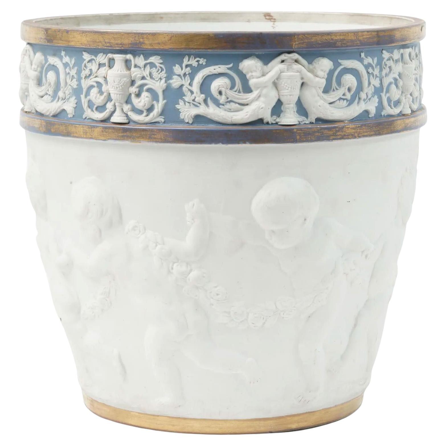 Large Louis XVI Sevres Style Gilt Bisque and Jasperware Porcelain Jardiniere For Sale