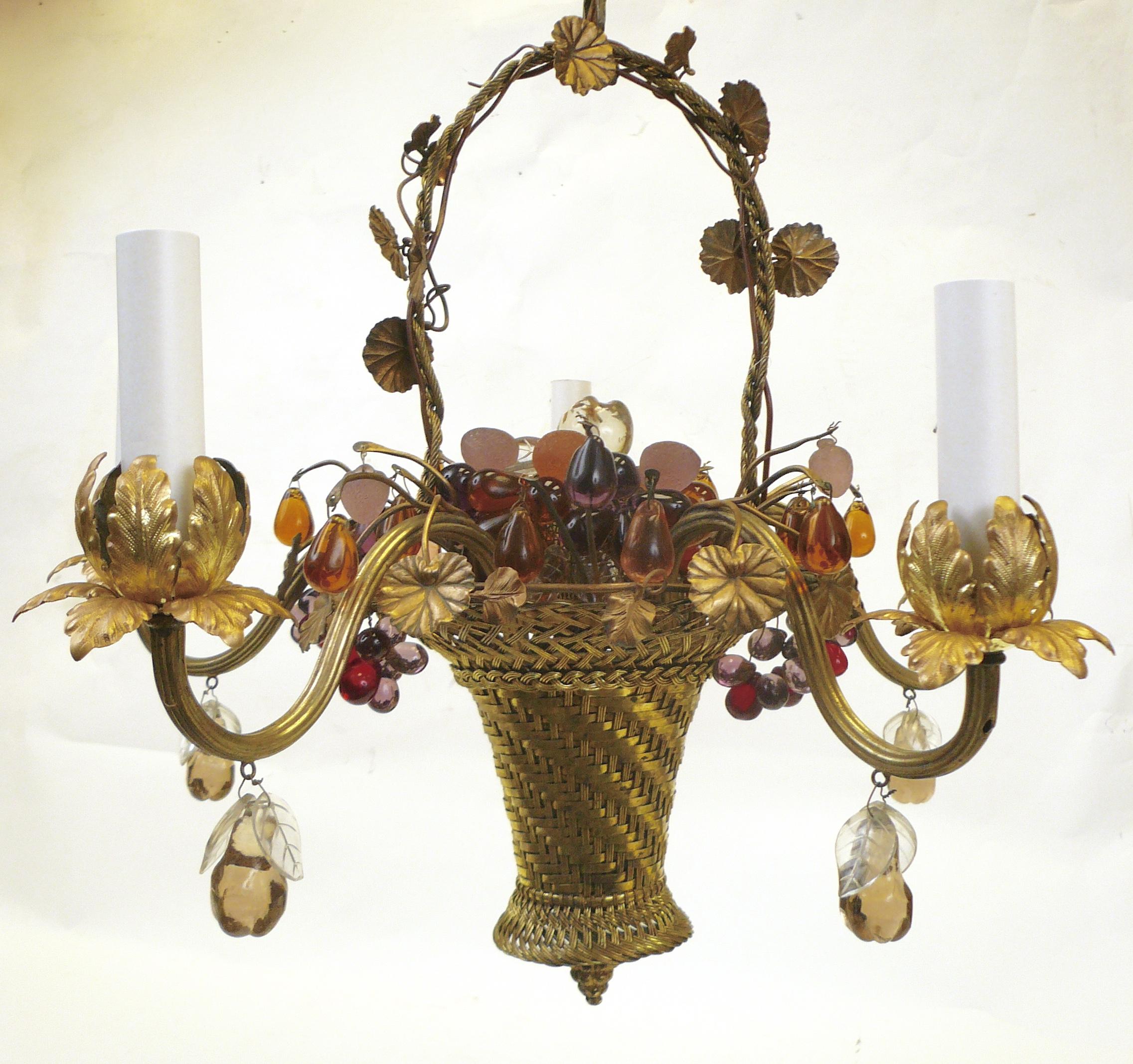 Louis XVI Style Gilt Brass Basket Form Chandelier with Crystal Fruit 5